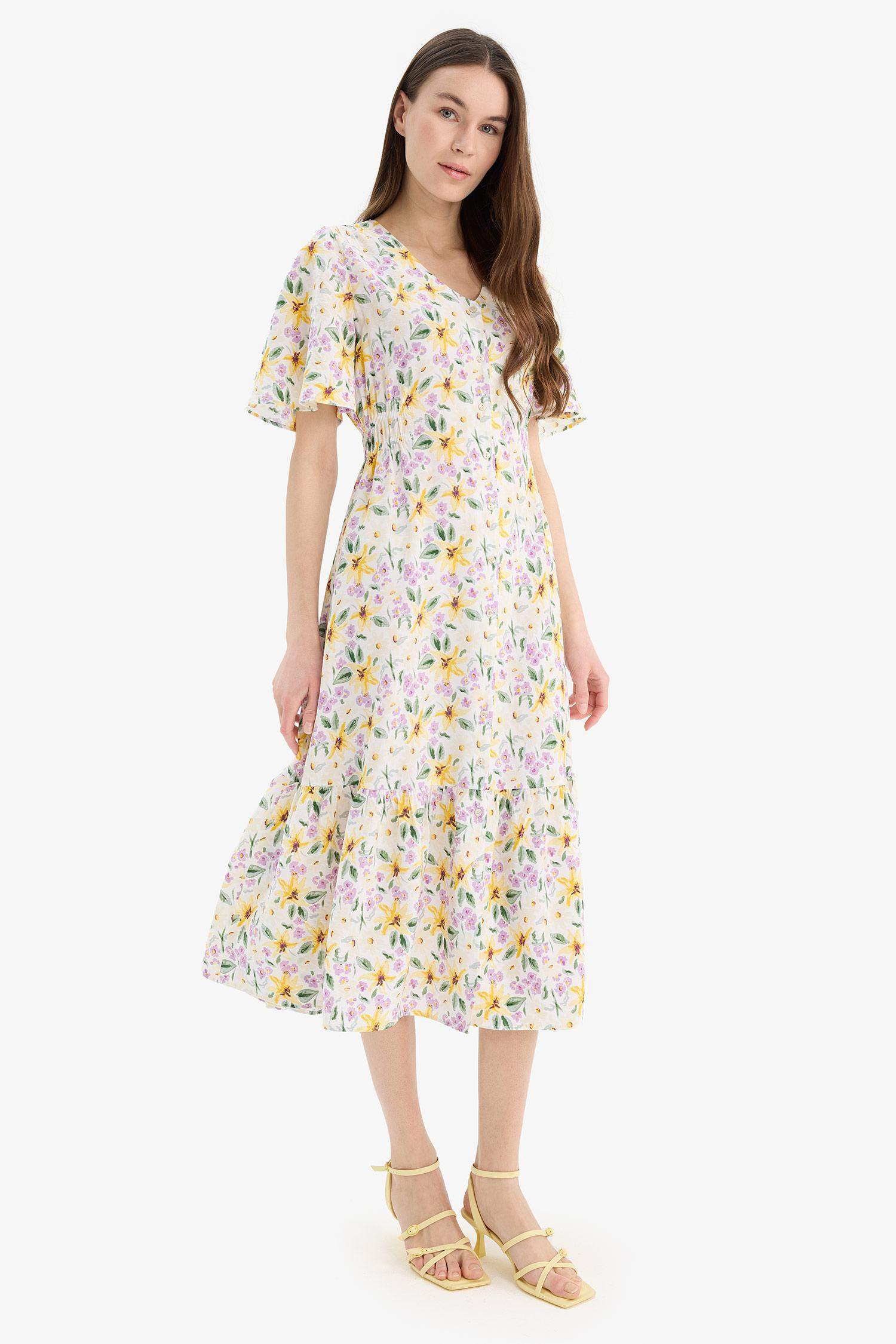 V Yaka Çiçek Desenli Kısa Kollu Midi Yazlık Elbise