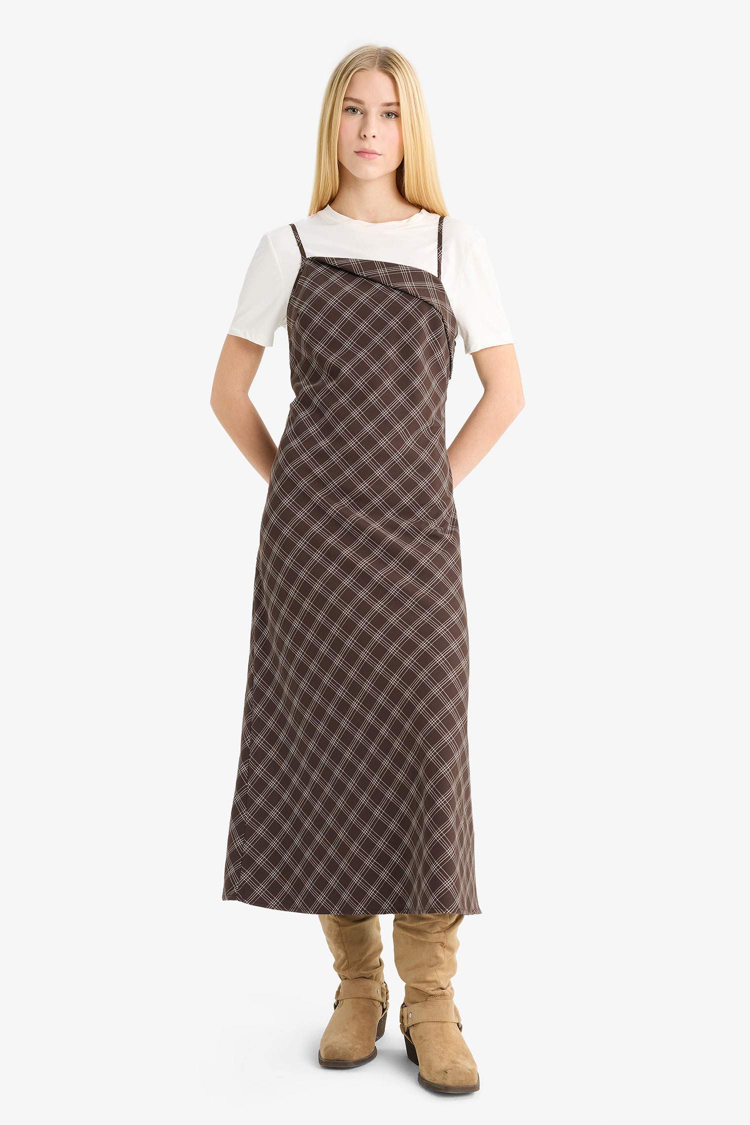 Coool Çapraz Yaka Kareli Askılı Midi Elbise