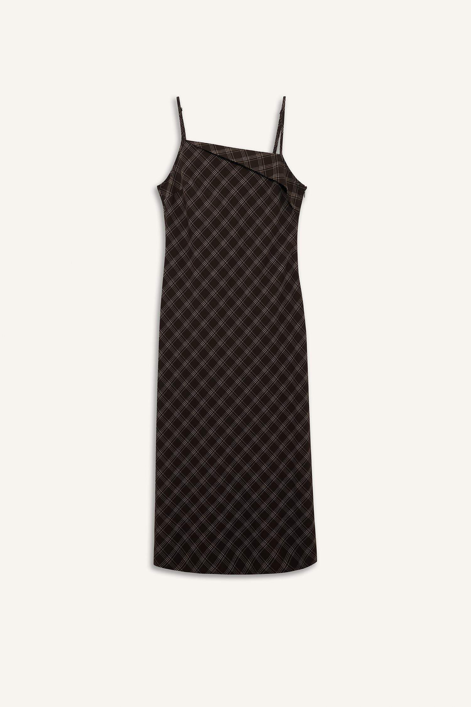 Coool Çapraz Yaka Kareli Askılı Midi Elbise