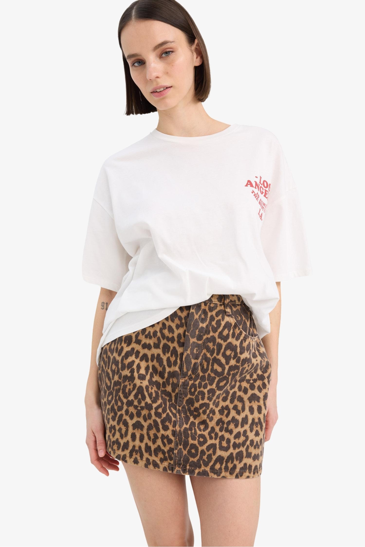 Coool Leopar Desenli Normal Bel Gabardin Mini Etek