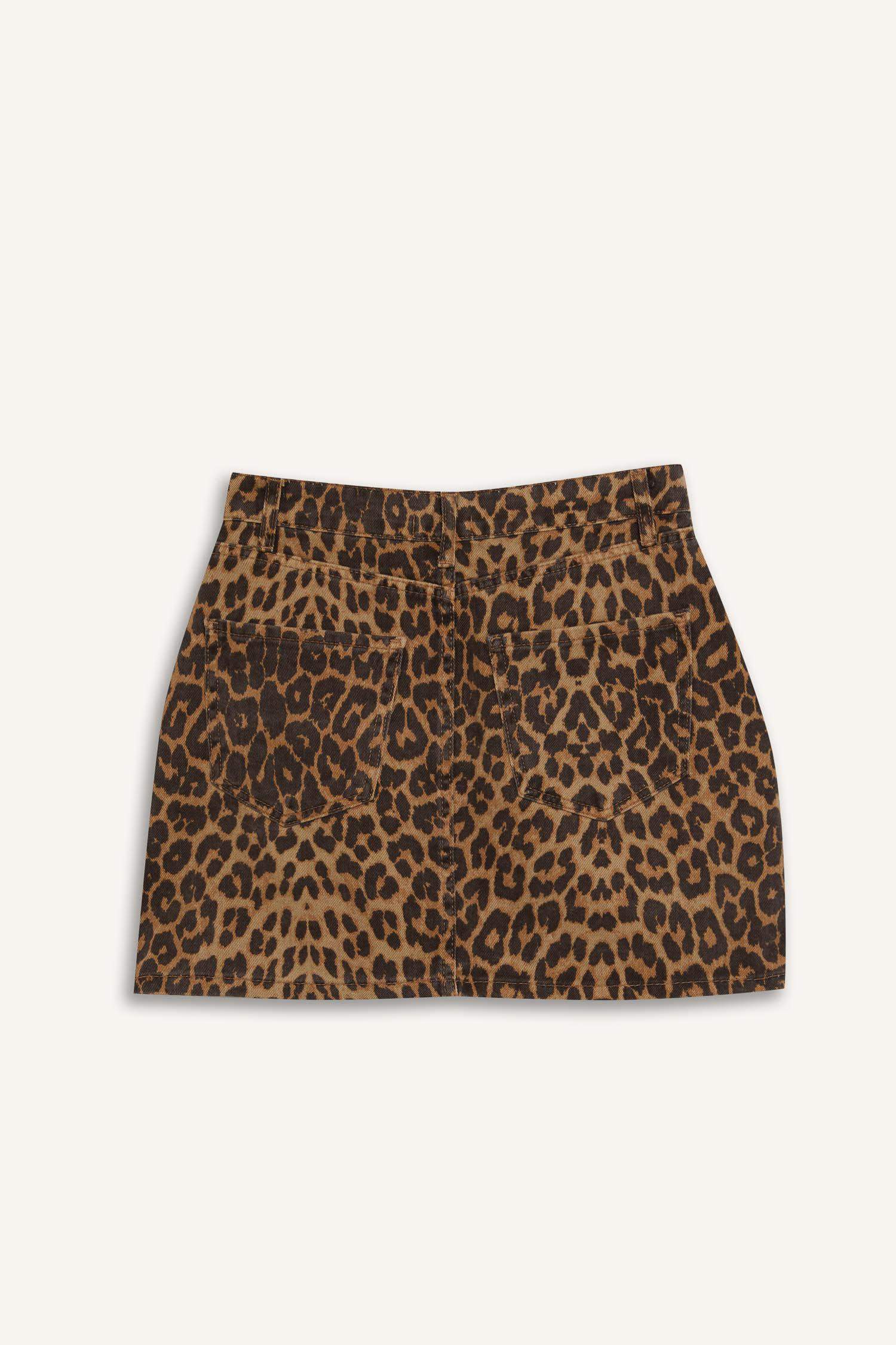 Coool Leopar Desenli Normal Bel Gabardin Mini Etek