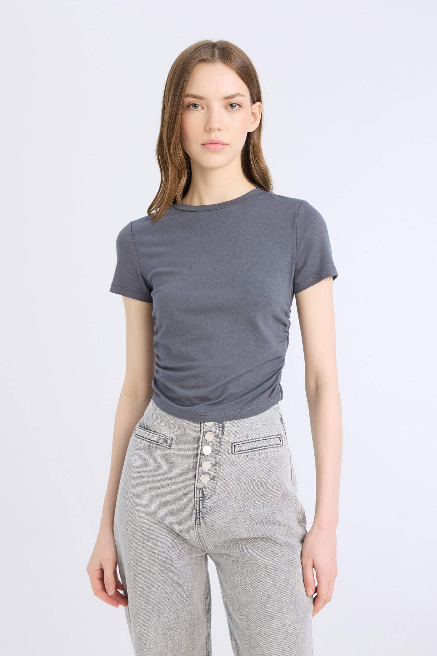 Fitted Bisiklet Yaka Basic Düz Modal Kısa Kollu Tişört