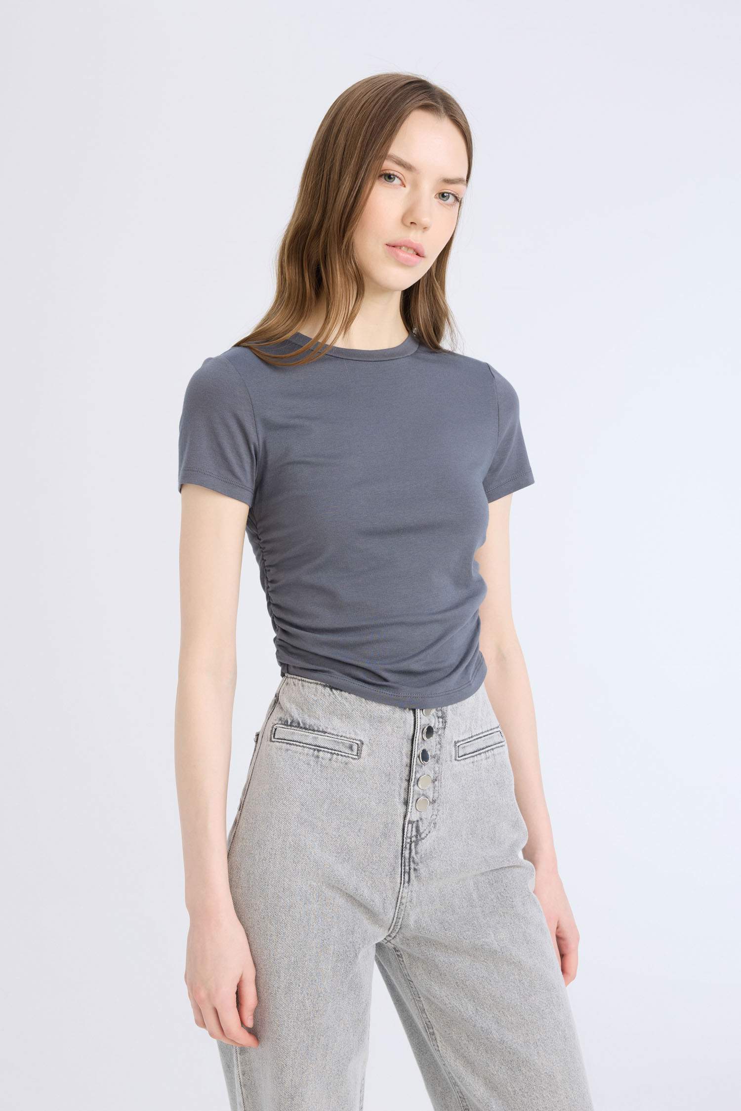 Fitted Bisiklet Yaka Basic Düz Modal Kısa Kollu Tişört