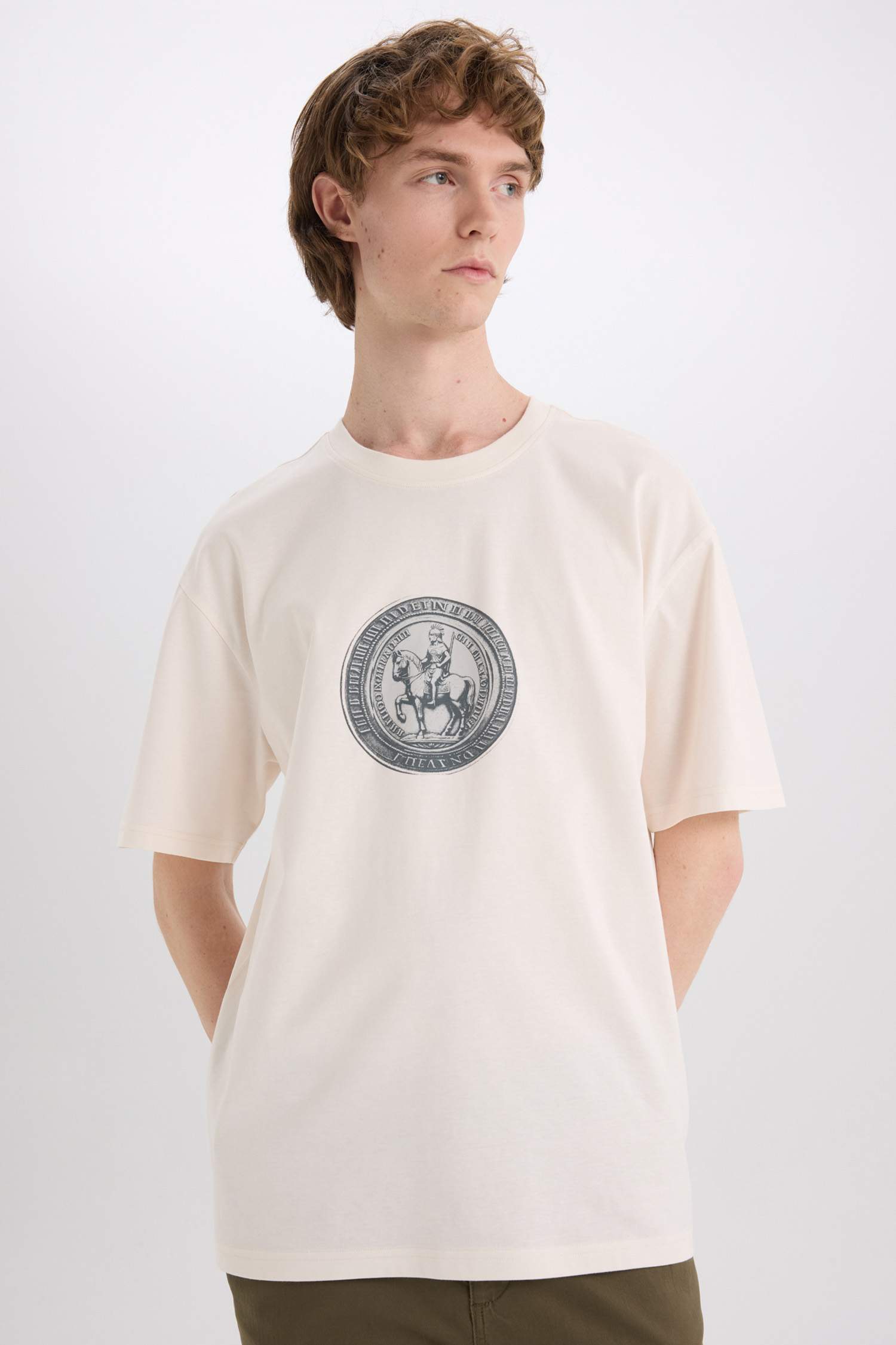 %100 Pamuk Boxy Fit Bisiklet Yaka Baskılı Kısa Kollu Tişört