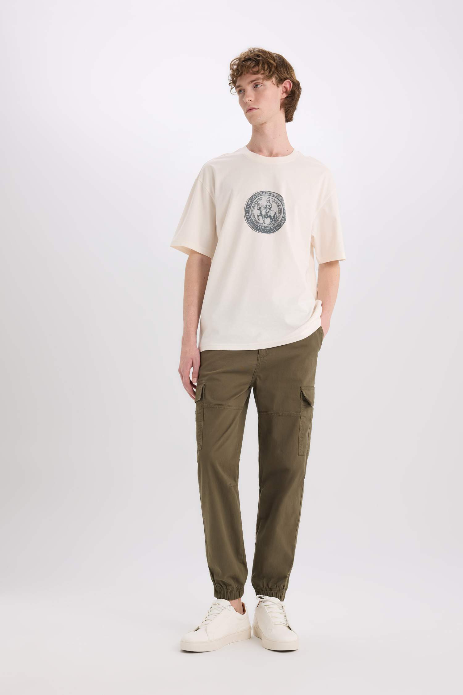 %100 Pamuk Boxy Fit Bisiklet Yaka Baskılı Kısa Kollu Tişört