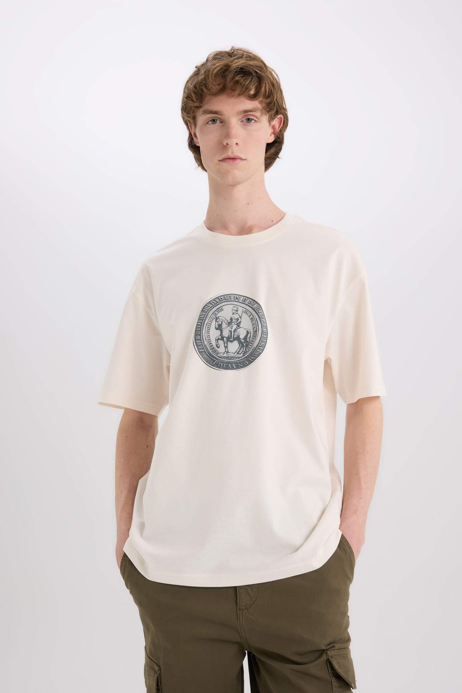 %100 Pamuk Boxy Fit Bisiklet Yaka Baskılı Kısa Kollu Tişört