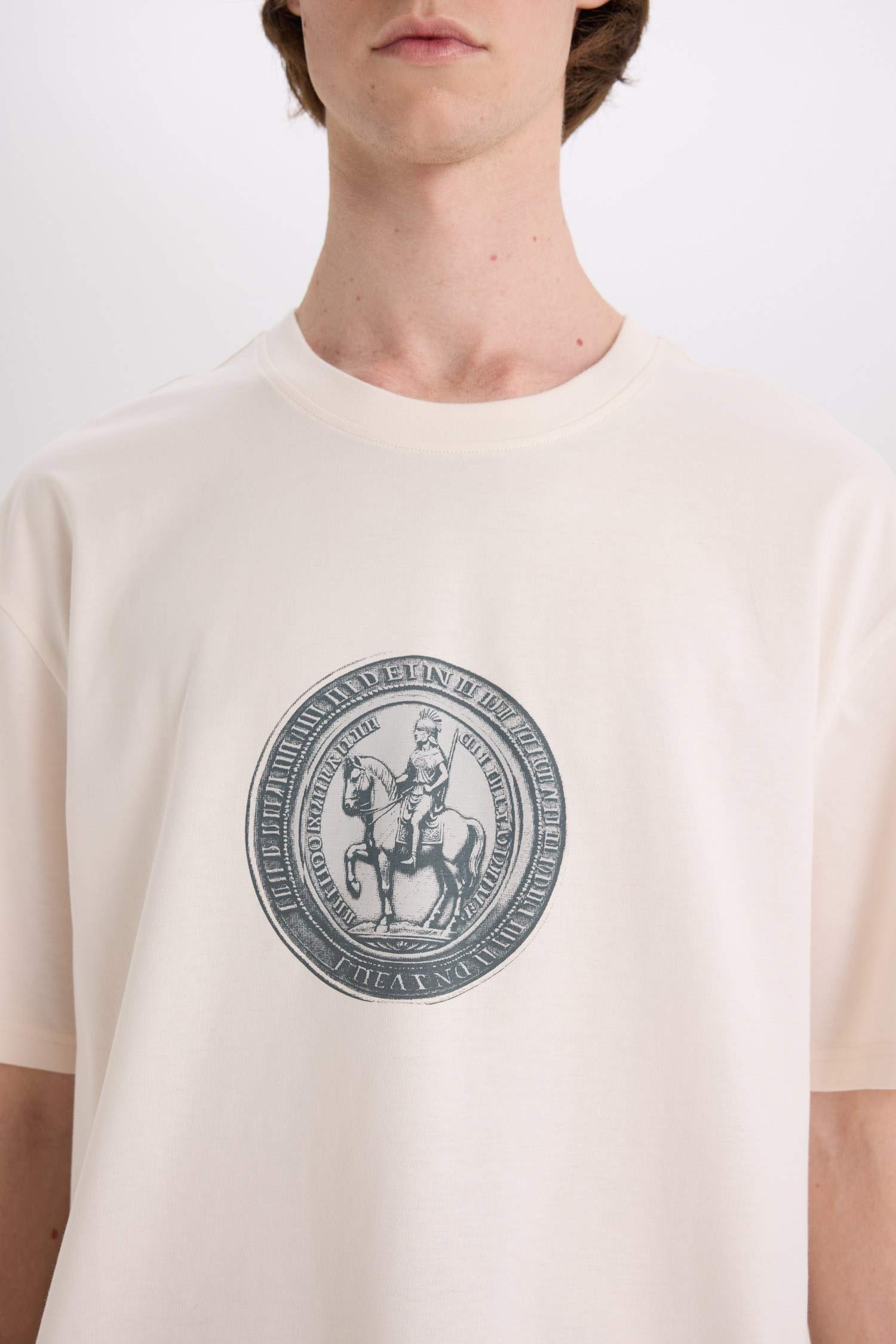 %100 Pamuk Boxy Fit Bisiklet Yaka Baskılı Kısa Kollu Tişört