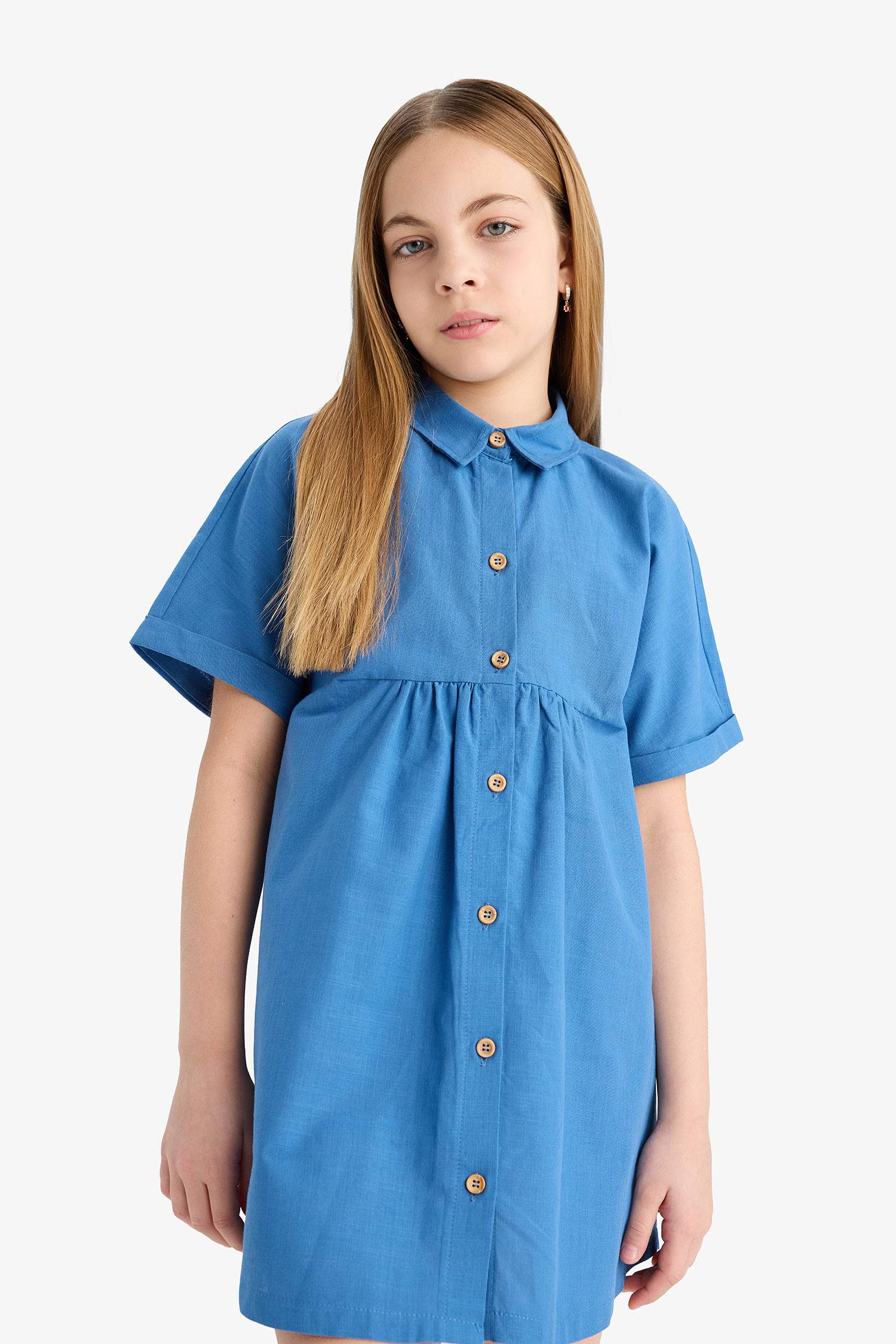 Girl Shirt Collar Cotton Short Sleeve Dress