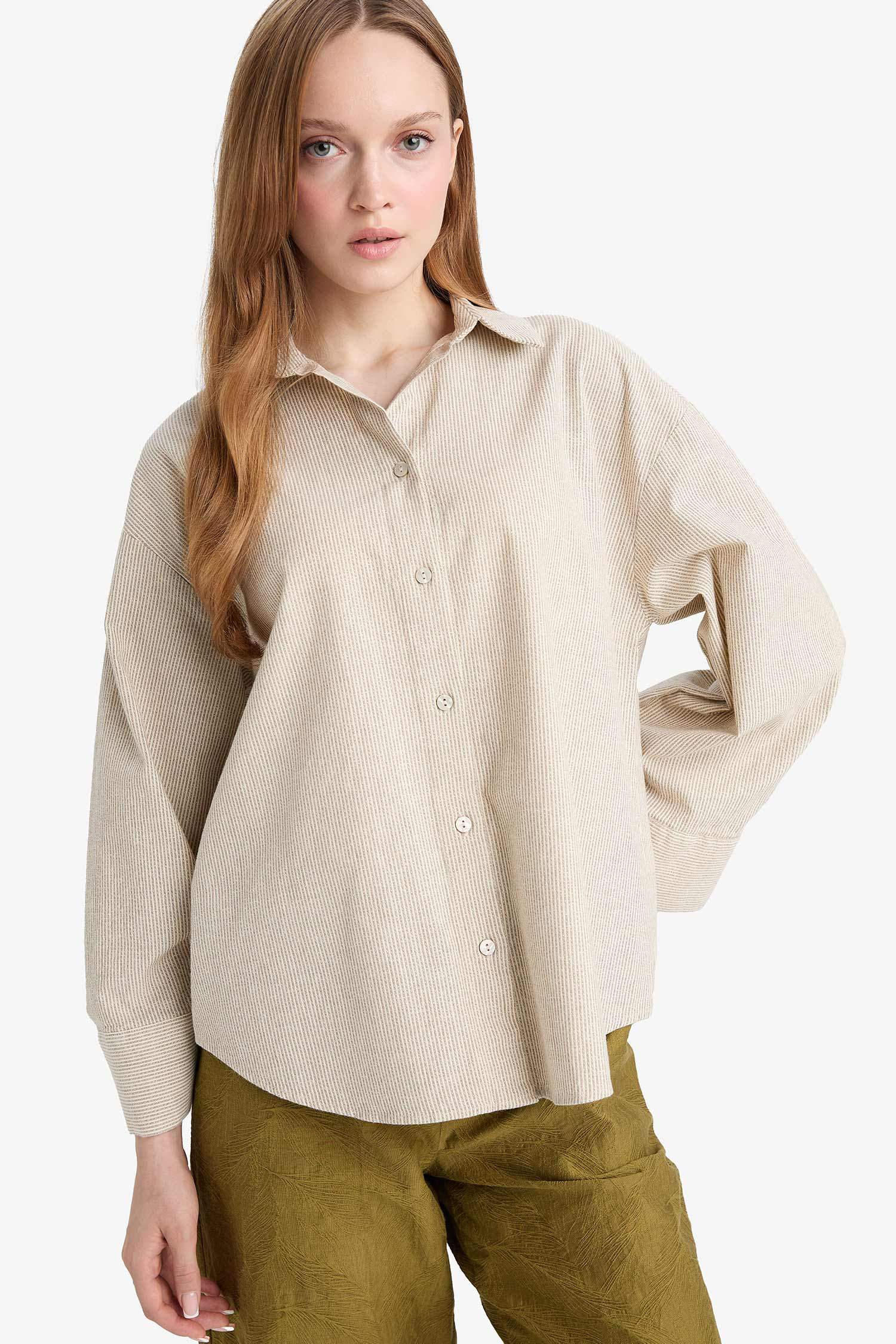 Relax Fit Keten Karışımlı Uzun Kollu Gömlek