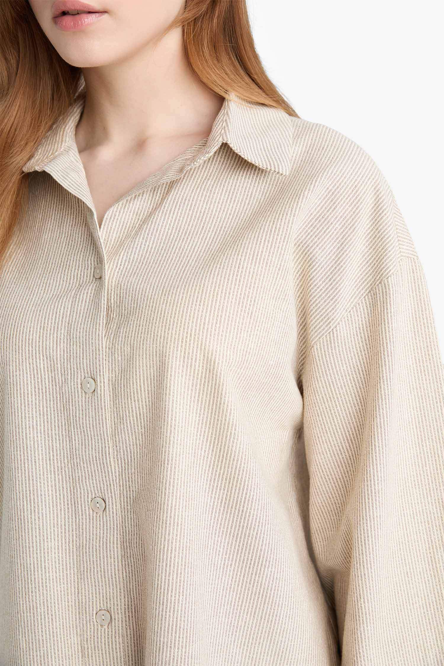 Relax Fit Keten Karışımlı Uzun Kollu Gömlek