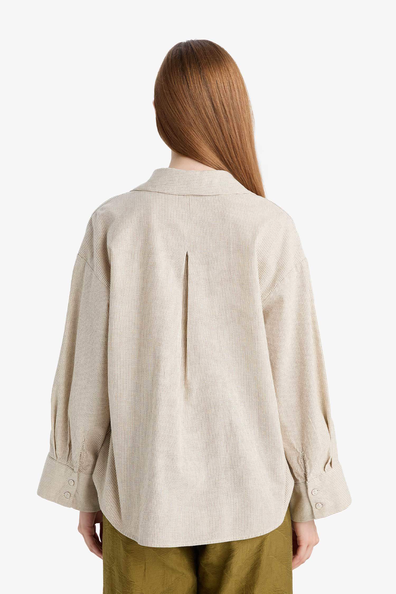 Relax Fit Keten Karışımlı Uzun Kollu Gömlek