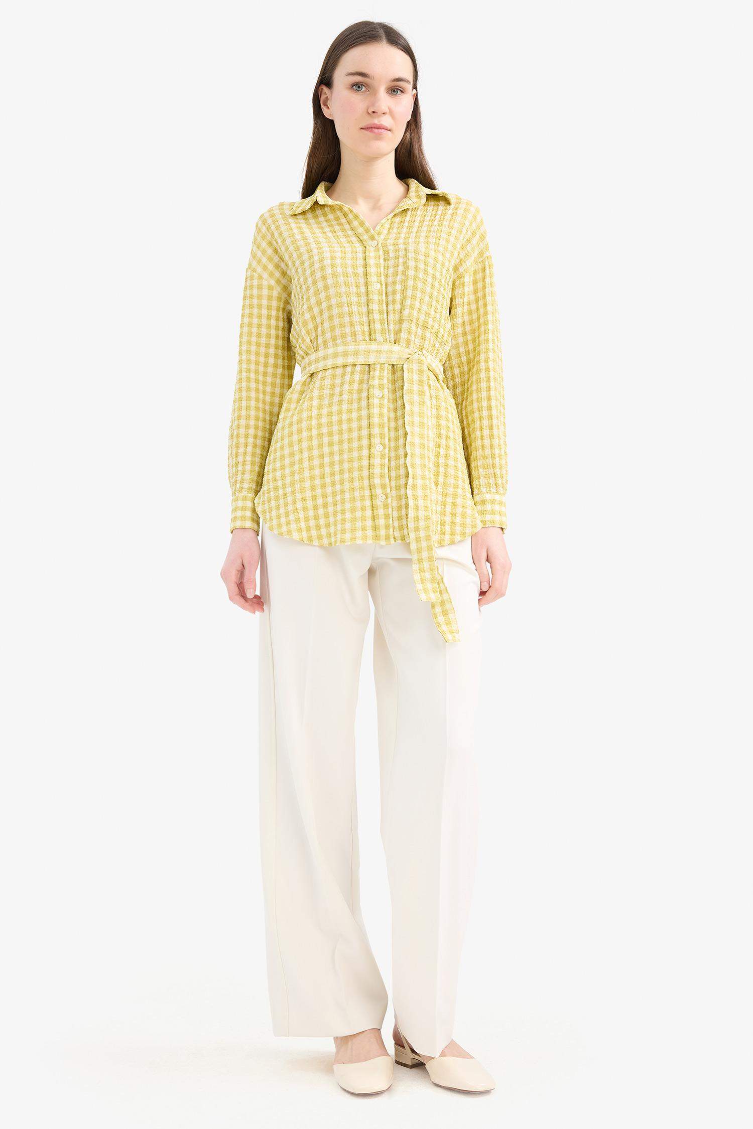 Relax Fit Pötikareli Gofre Dokulu Kuşaklı Uzun Kollu Tesettür Gömlek Tunik