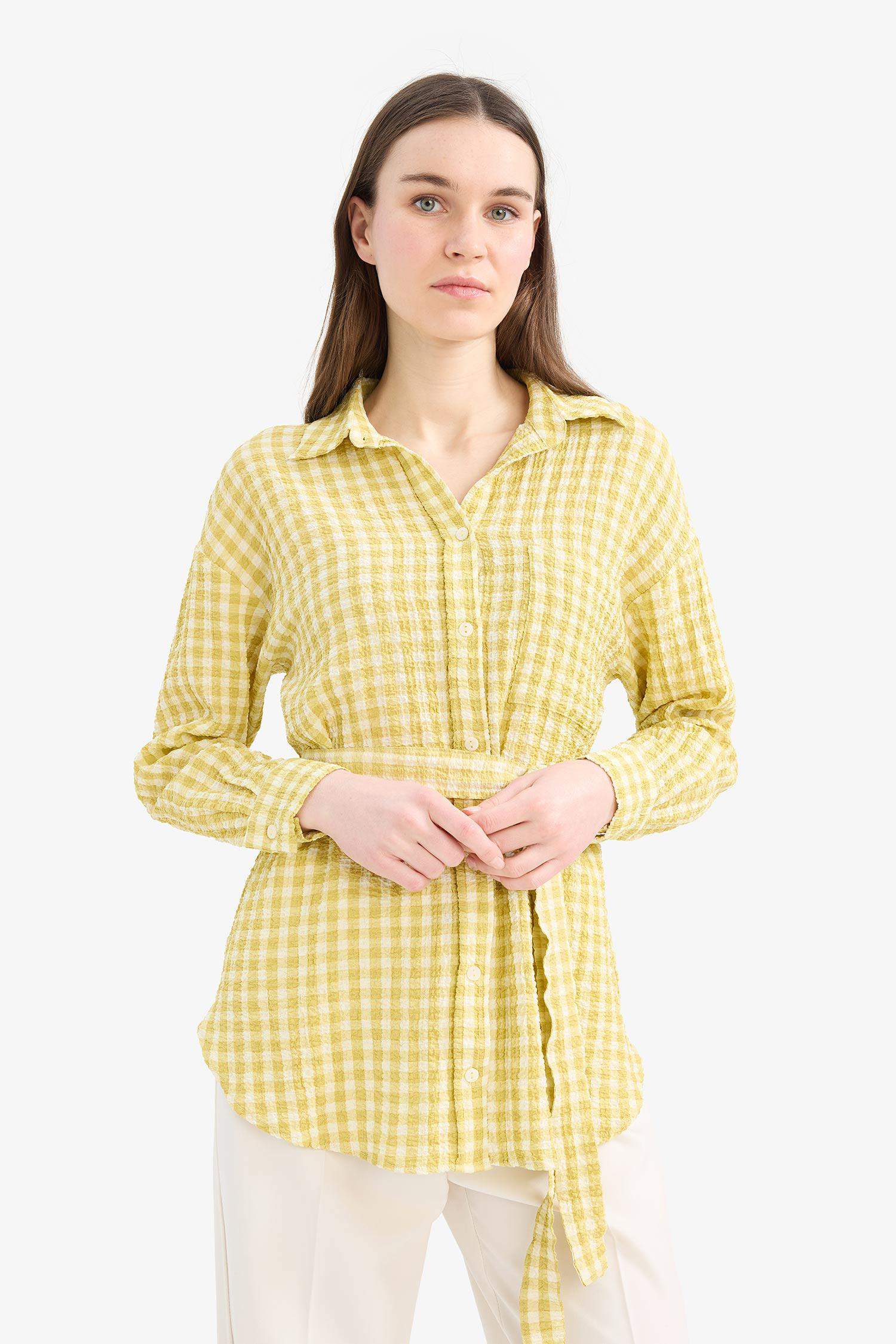 Relax Fit Pötikareli Gofre Dokulu Kuşaklı Uzun Kollu Tesettür Gömlek Tunik