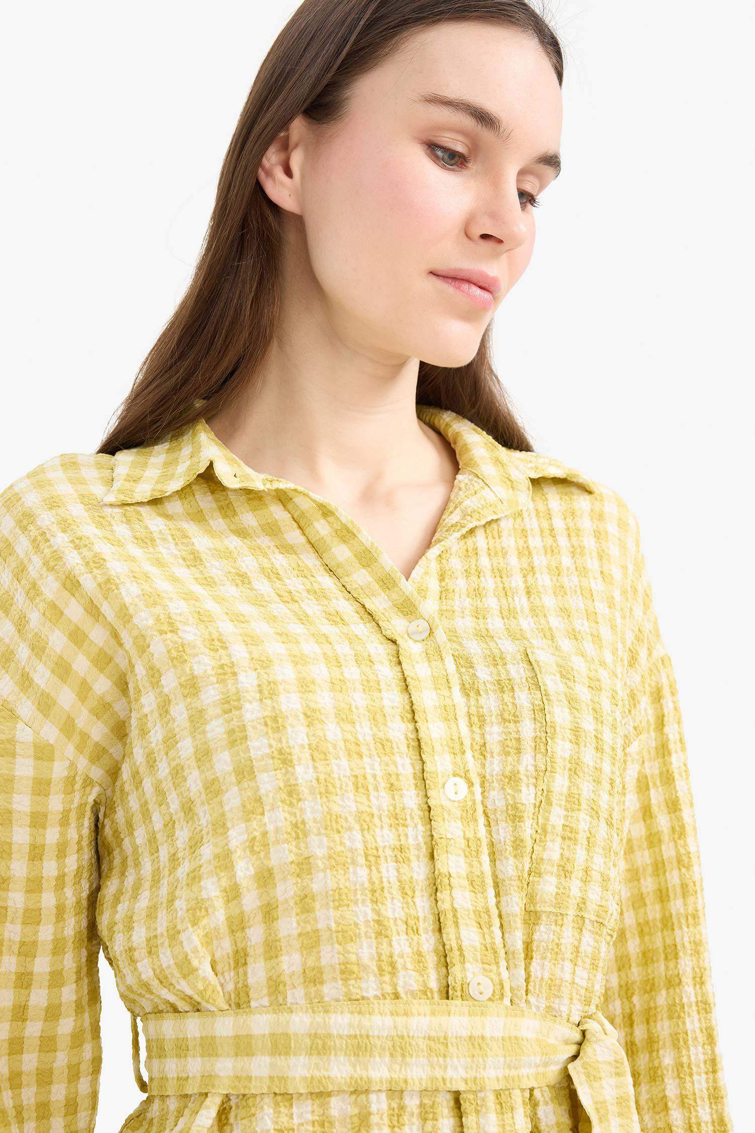 Relax Fit Pötikareli Gofre Dokulu Kuşaklı Uzun Kollu Tesettür Gömlek Tunik