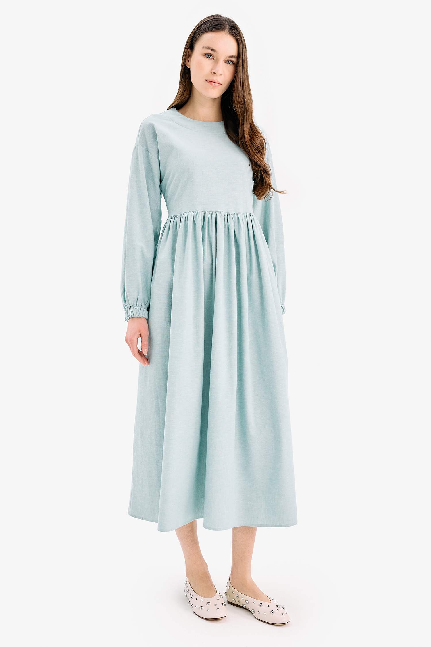 Bisiklet Yaka Keten Karışımlı Uzun Kollu Maxi Elbise