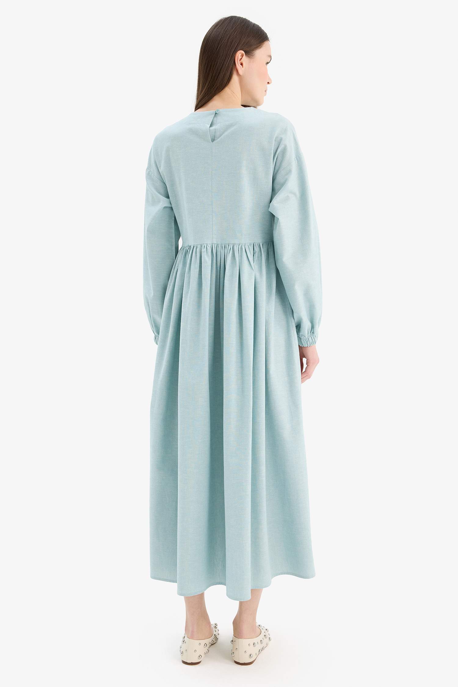 Bisiklet Yaka Keten Karışımlı Uzun Kollu Maxi Elbise