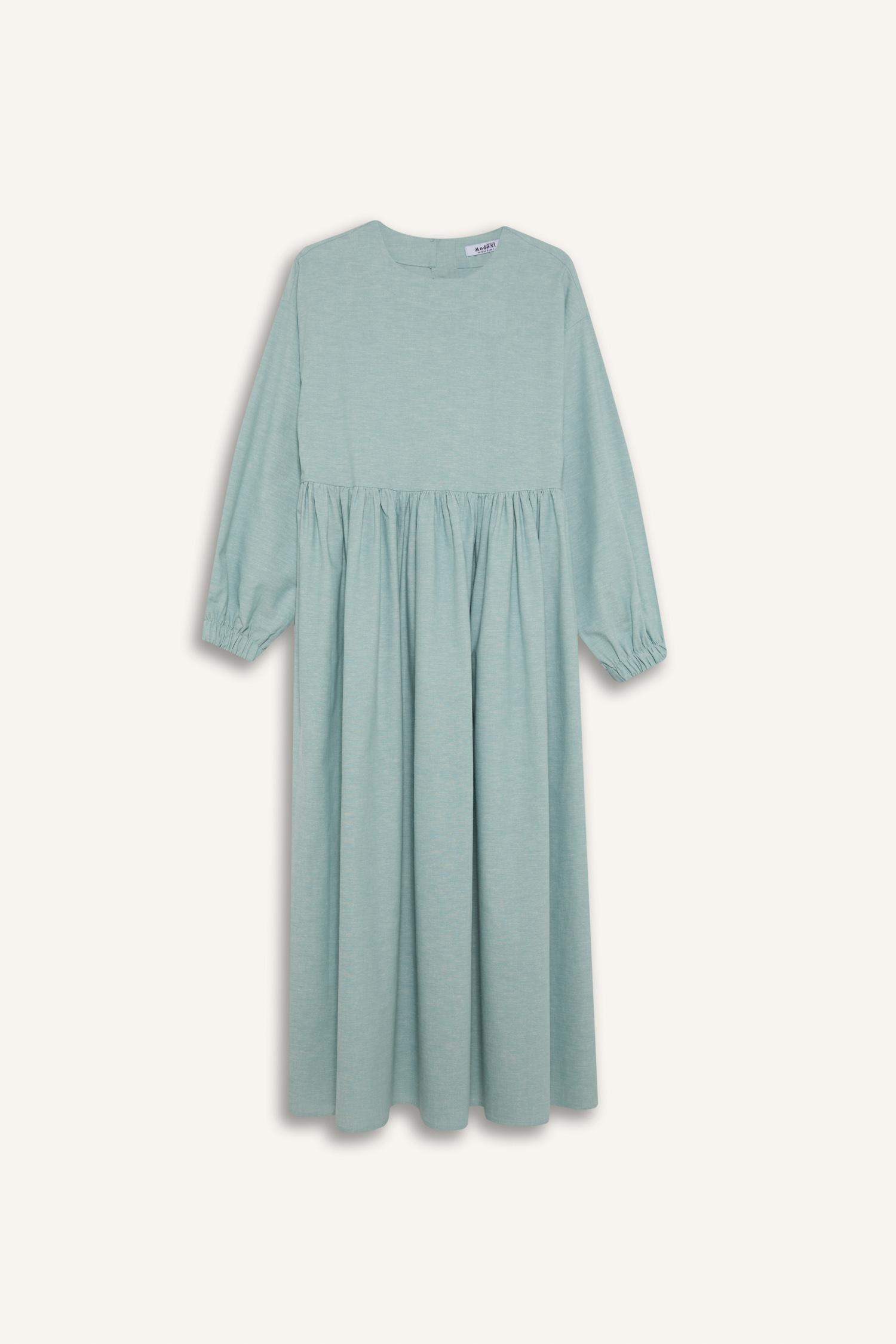 Bisiklet Yaka Keten Karışımlı Uzun Kollu Maxi Elbise