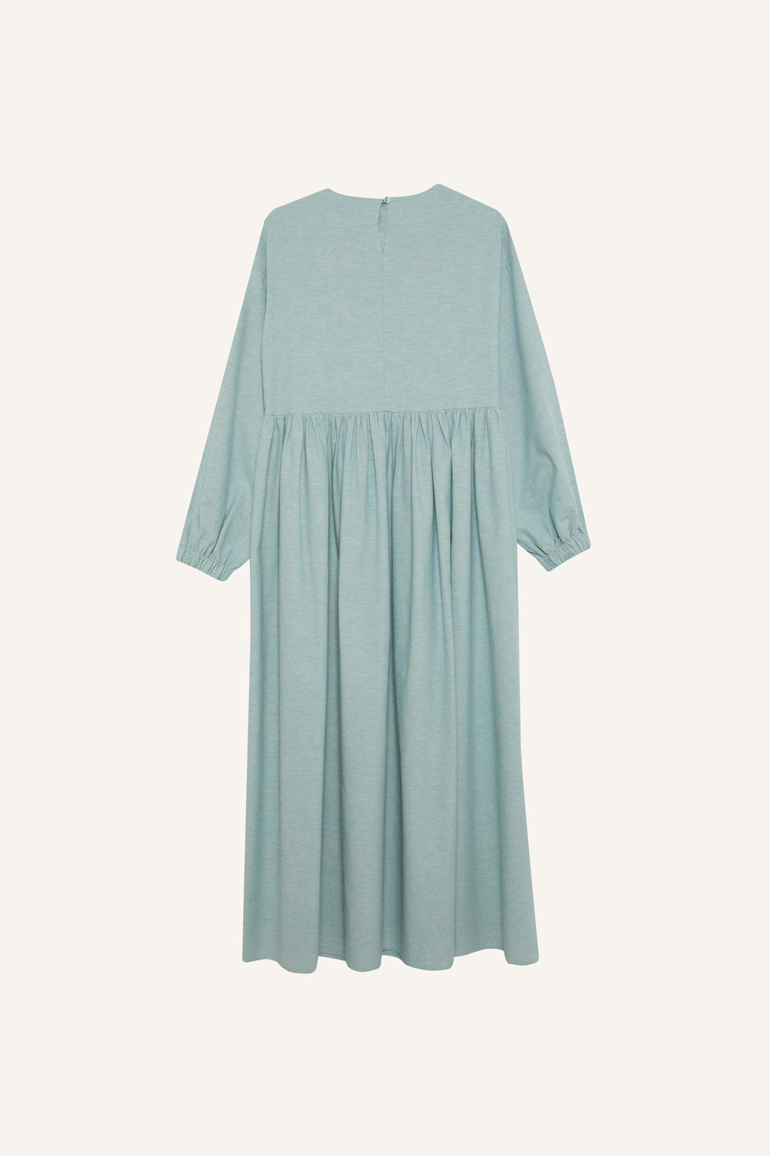 Bisiklet Yaka Keten Karışımlı Uzun Kollu Maxi Elbise