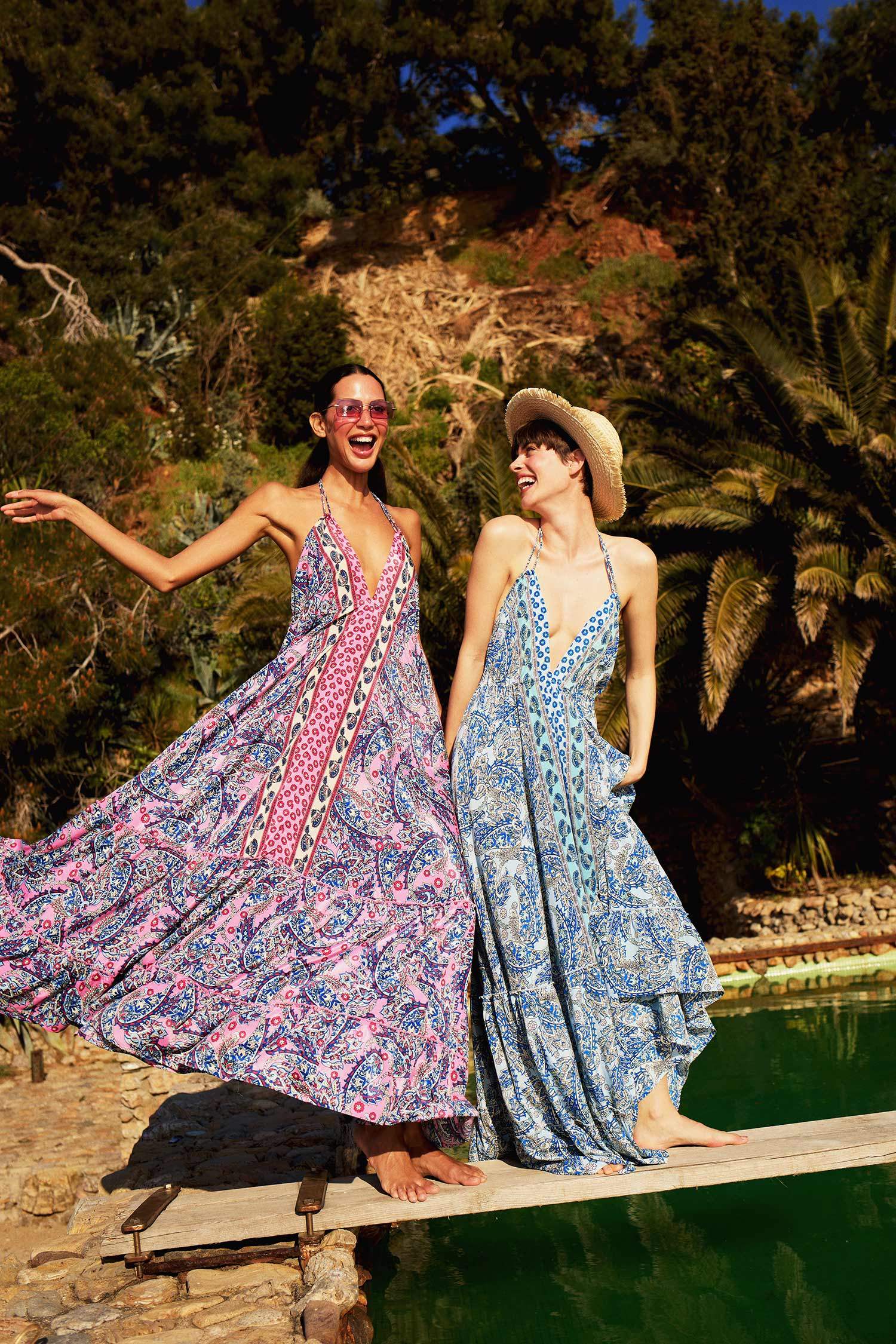 Regular Fit Etnik Desenli Boyundan Bağlamalı Maxi Plaj Elbisesi-Fall in Love