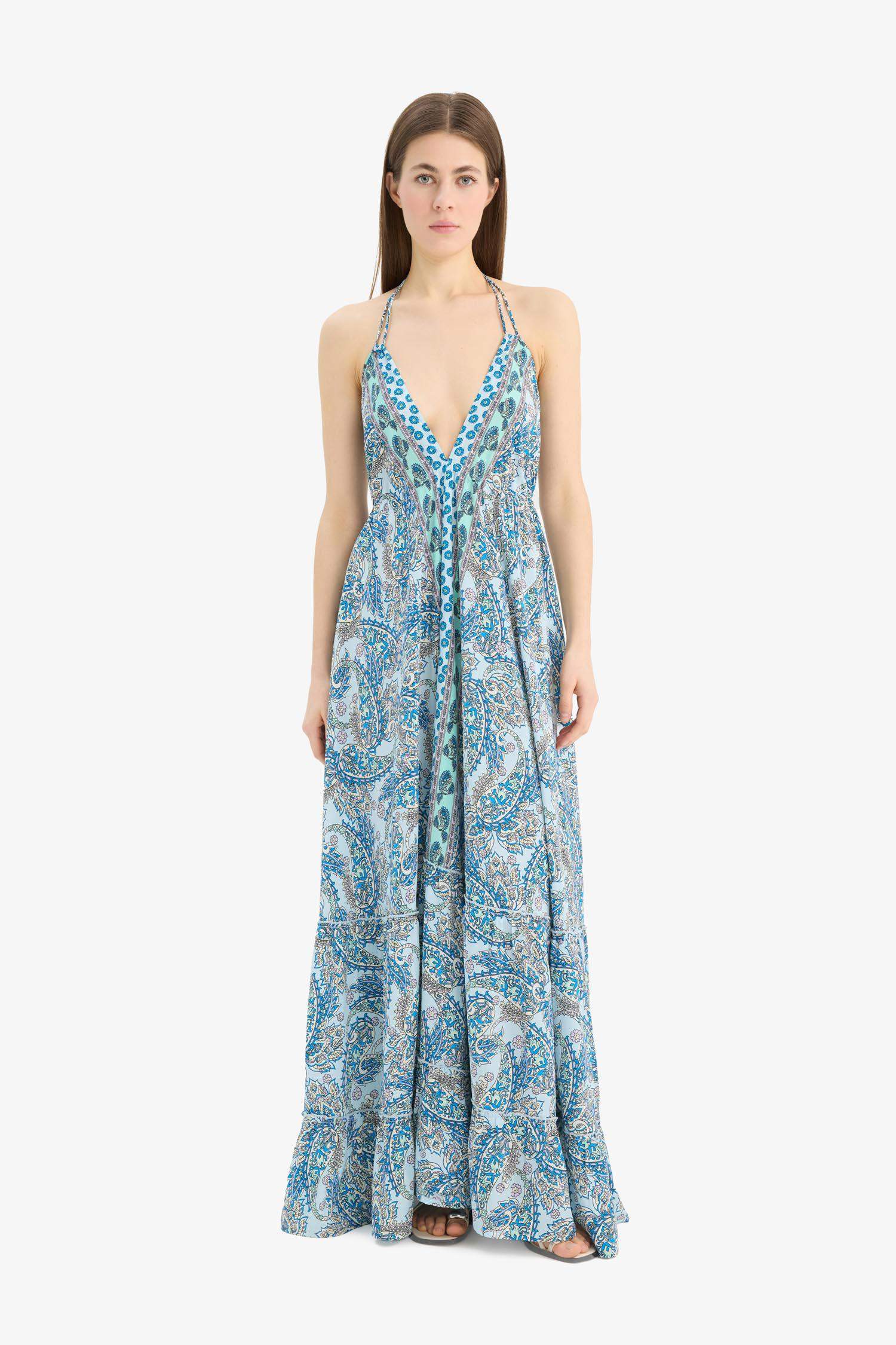 Regular Fit Etnik Desenli Boyundan Bağlamalı Maxi Plaj Elbisesi-Fall in Love