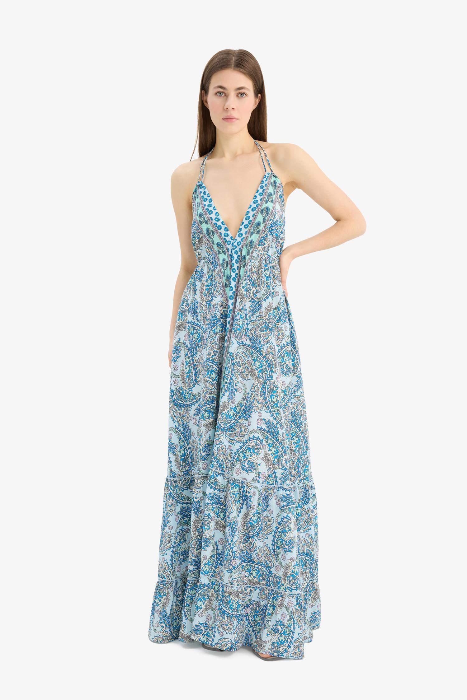 Regular Fit Etnik Desenli Boyundan Bağlamalı Maxi Plaj Elbisesi-Fall in Love