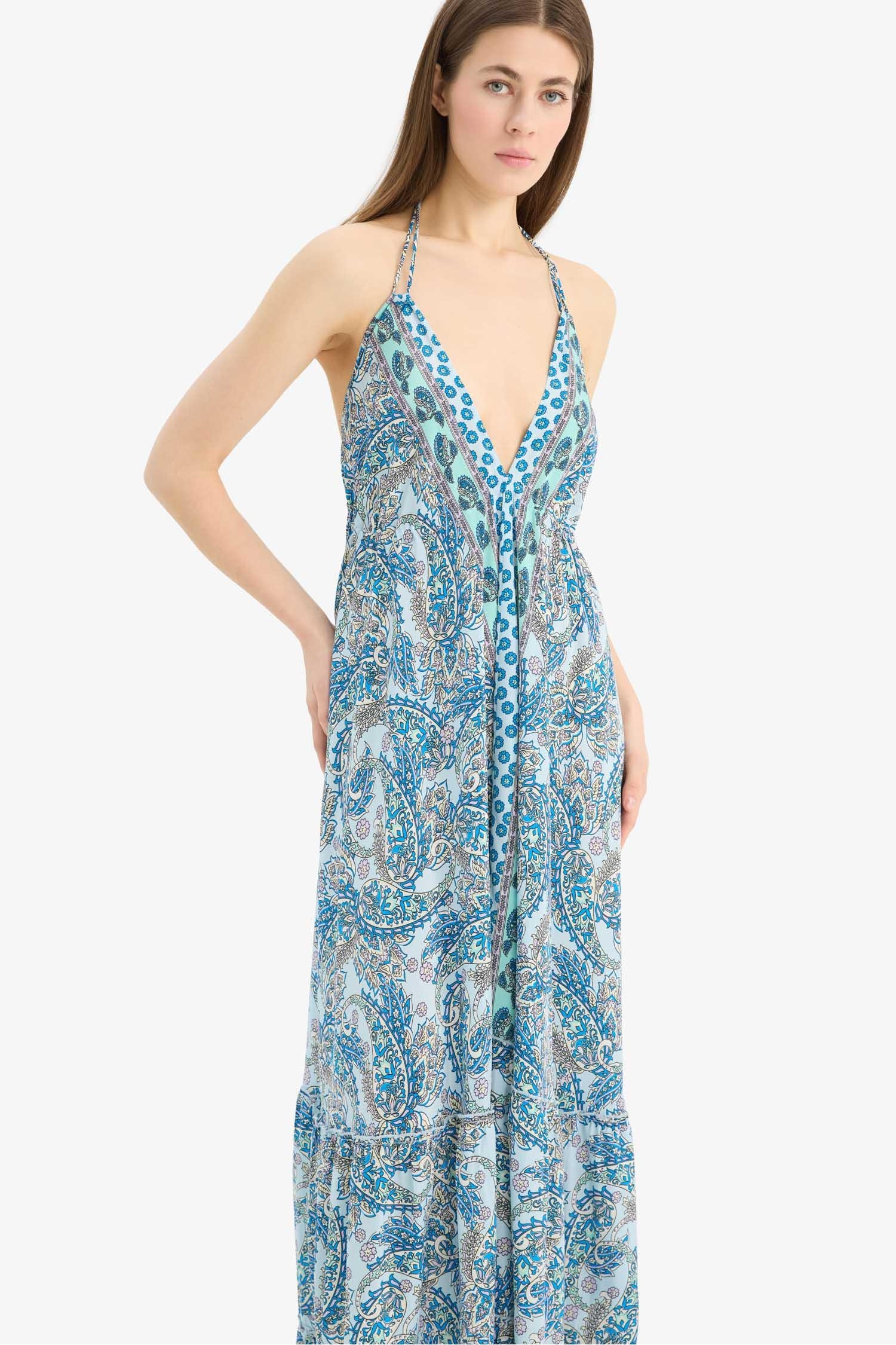 Regular Fit Etnik Desenli Boyundan Bağlamalı Maxi Plaj Elbisesi-Fall in Love