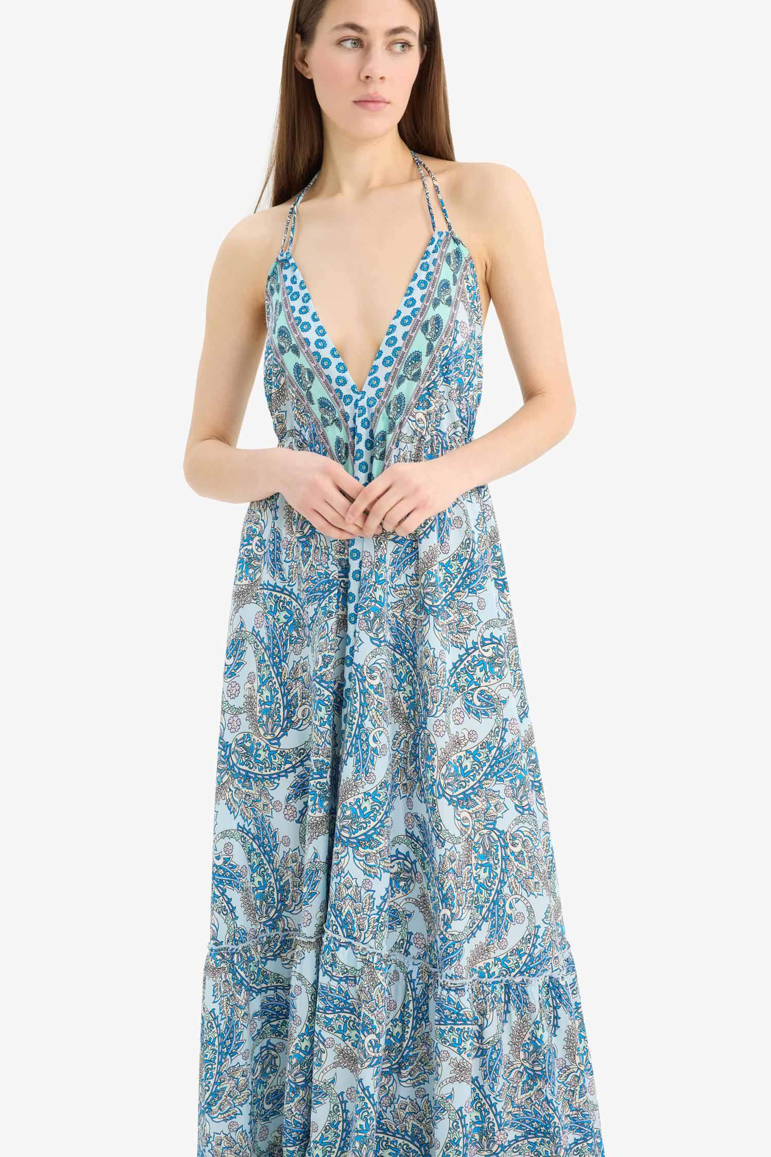 Regular Fit Etnik Desenli Boyundan Bağlamalı Maxi Plaj Elbisesi-Fall in Love