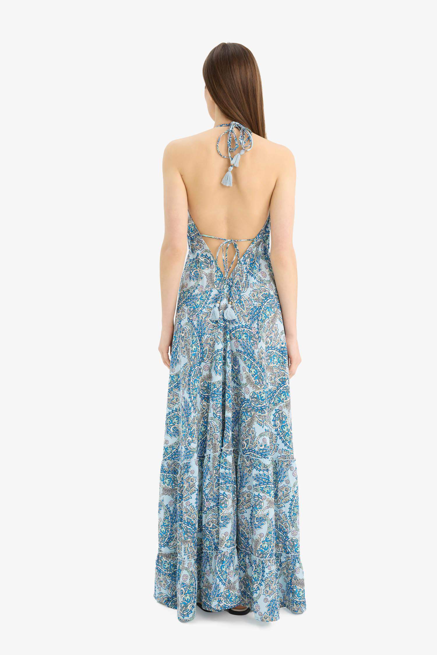 Regular Fit Etnik Desenli Boyundan Bağlamalı Maxi Plaj Elbisesi-Fall in Love