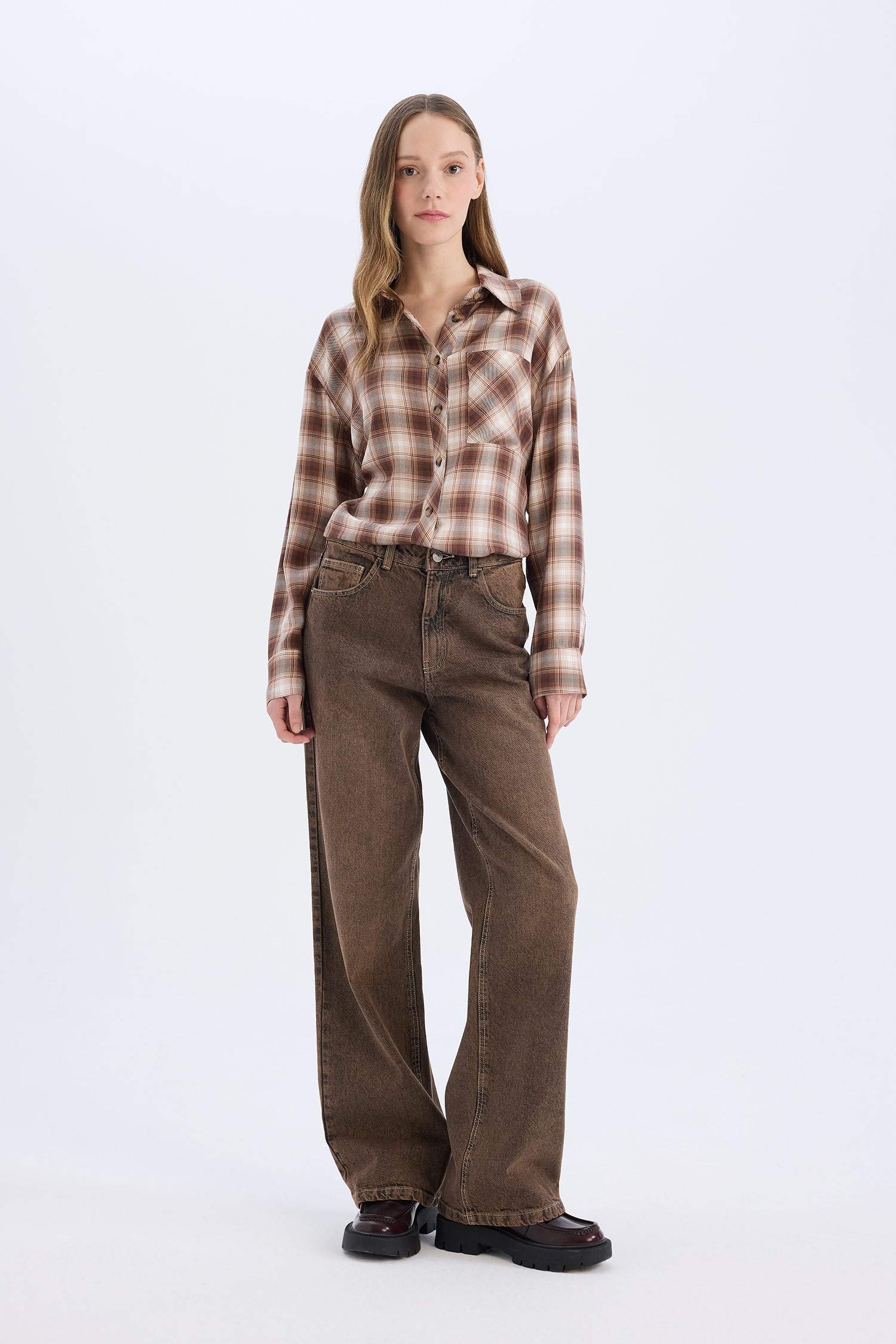 Coool Oversize Geniş Kalıp Kareli Cepli Uzun Kollu Gömlek