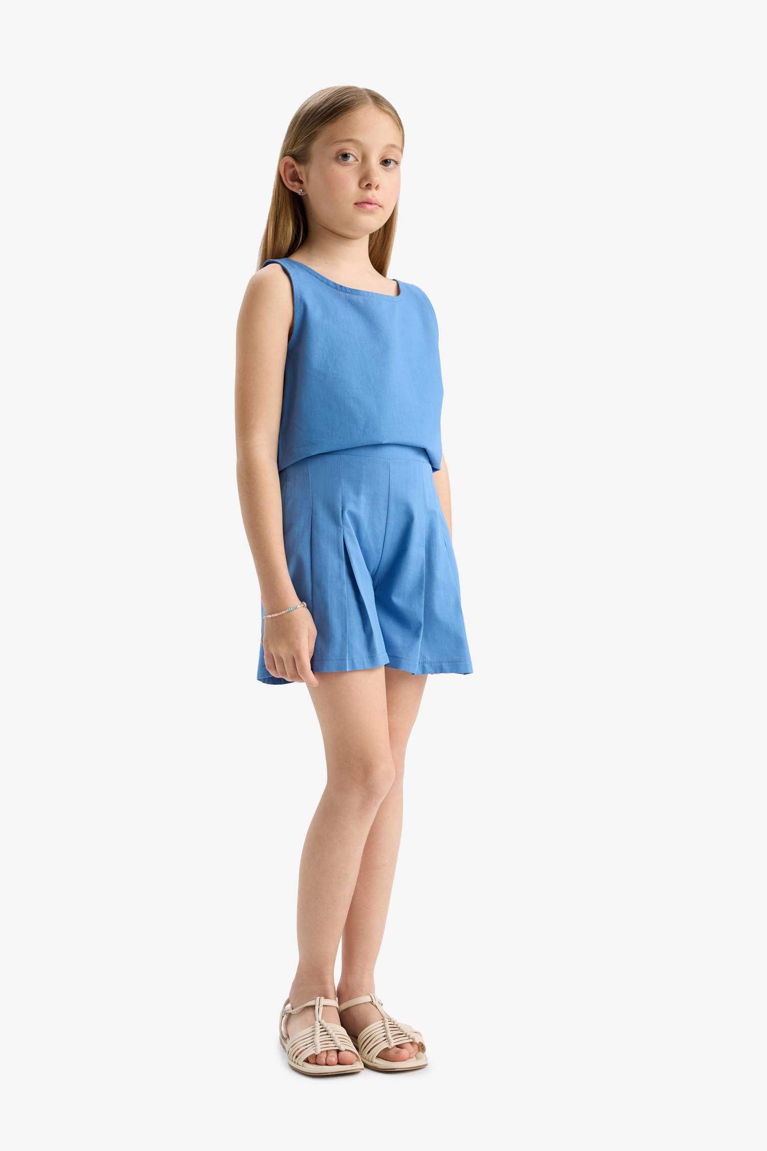 Kız Çocuk Oxford 2'li Takım Kolsuz Bluz Şort