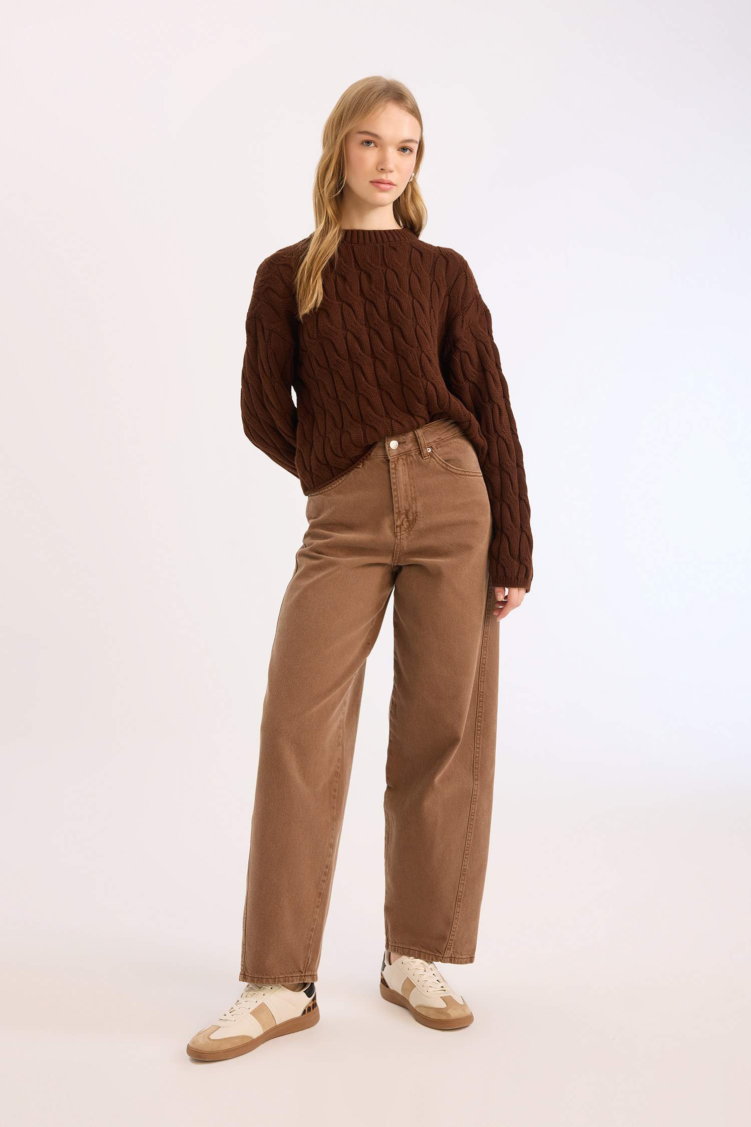 	Coool Regular Fit Bisiklet Yaka Saç Örgülü Triko Kazak