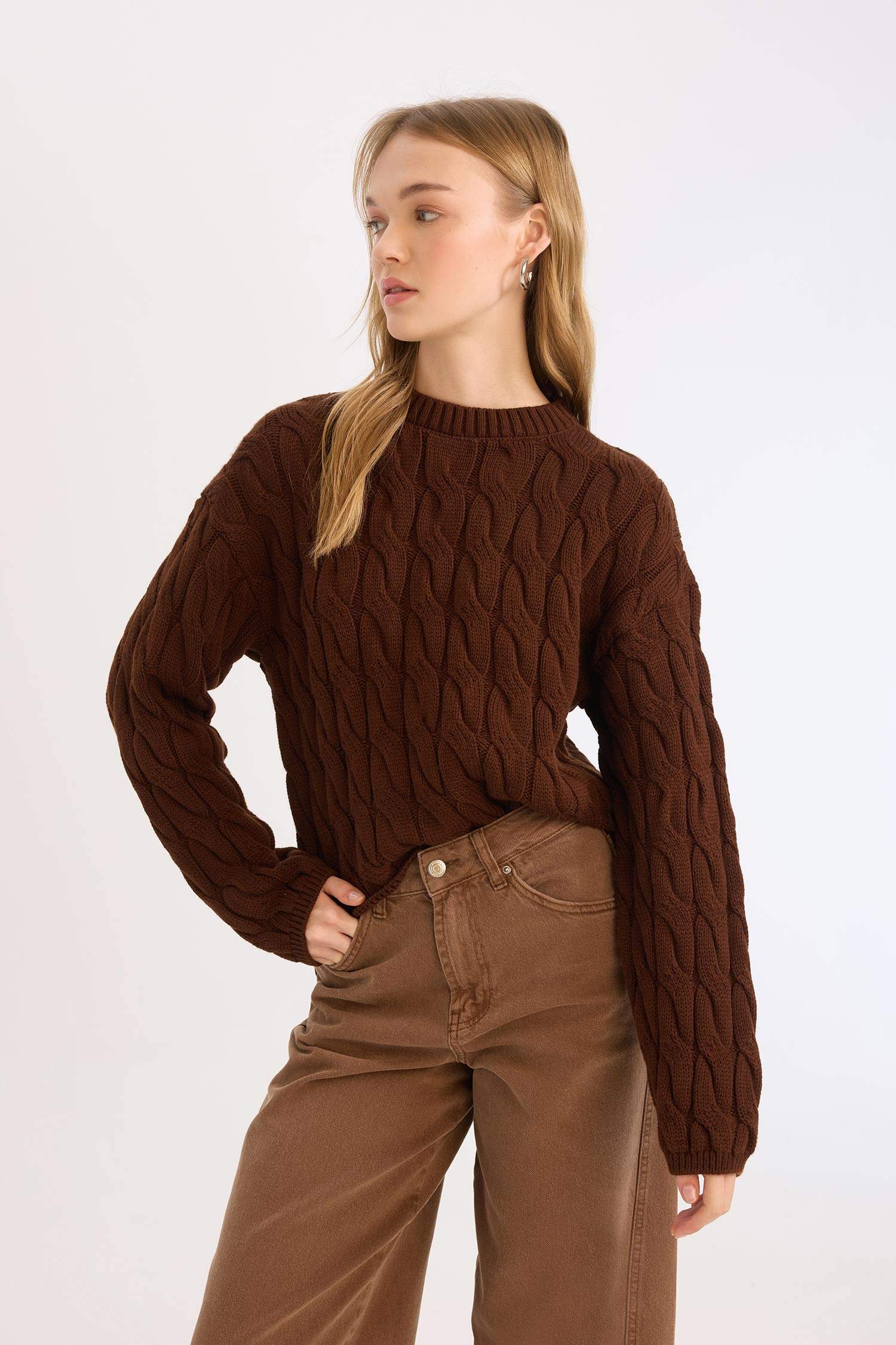 	Coool Regular Fit Bisiklet Yaka Saç Örgülü Triko Kazak