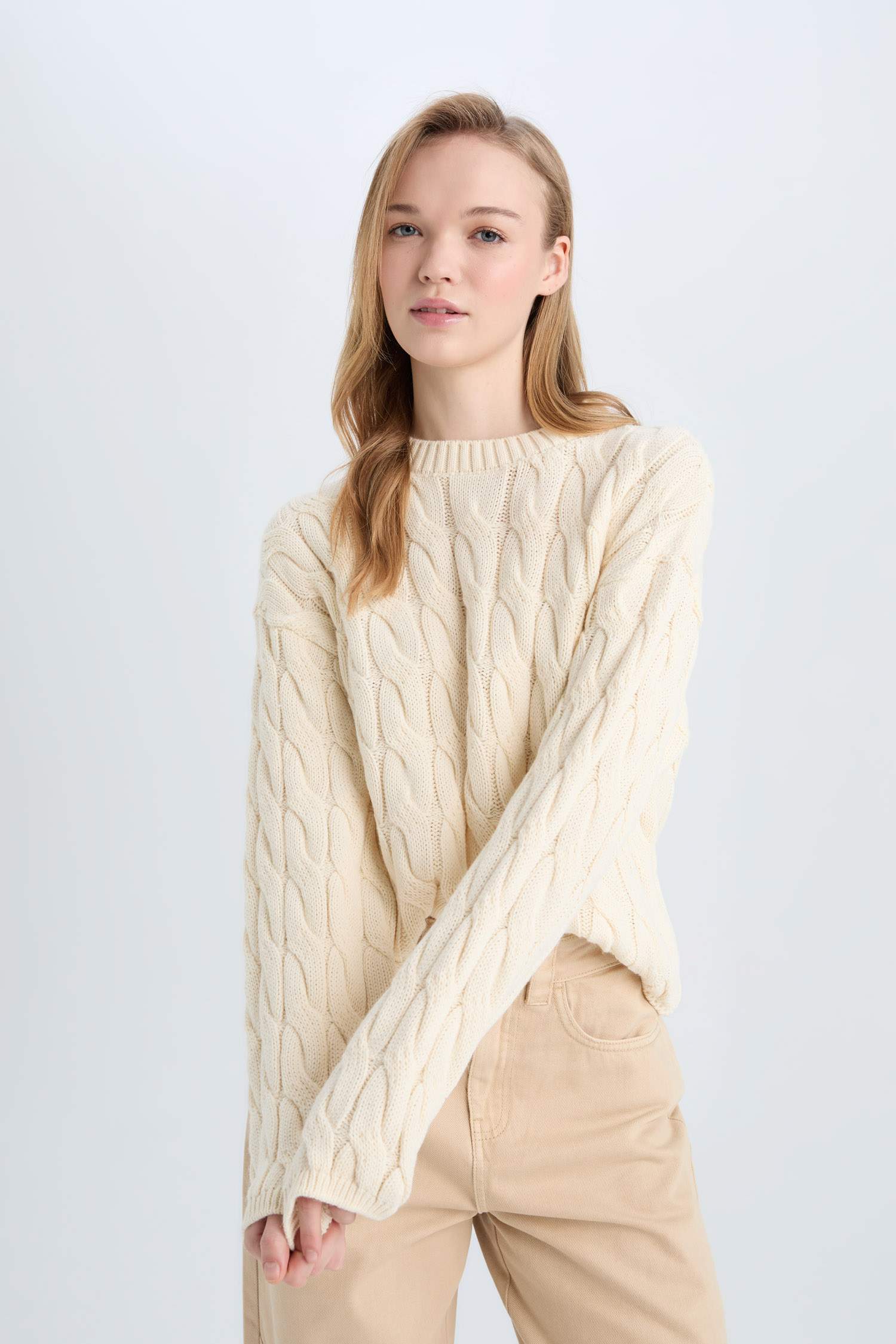 Coool Regular Fit Bisiklet Yaka Saç Örgülü Triko Kazak