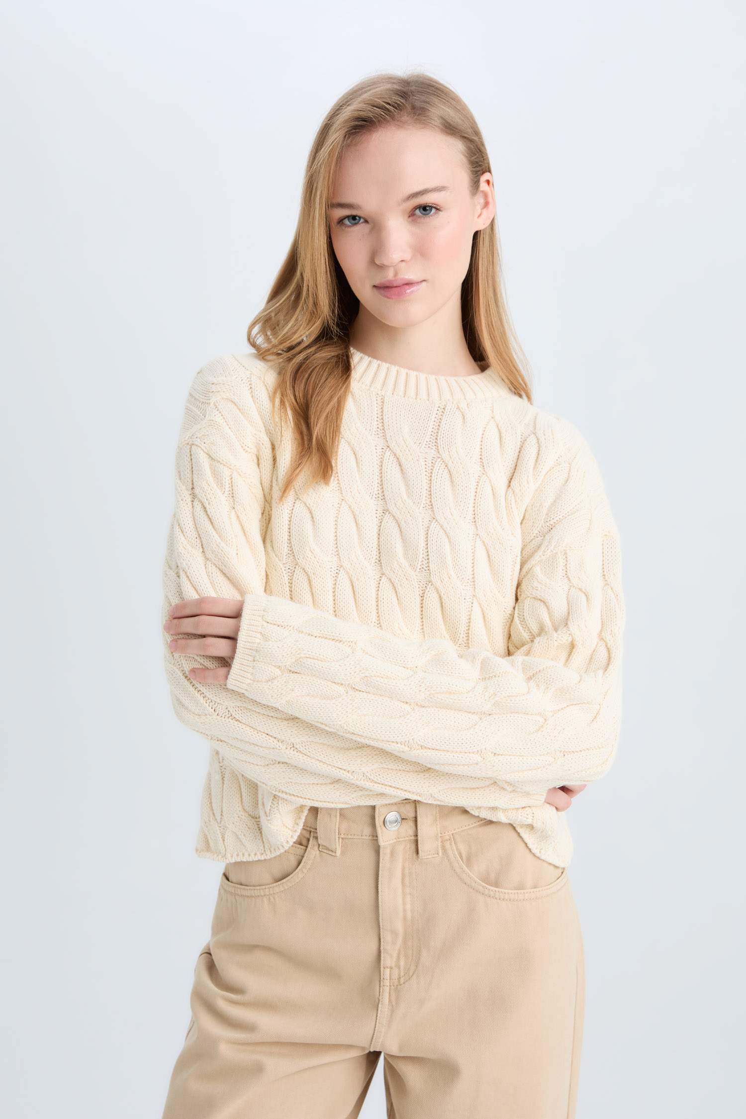 Coool Regular Fit Bisiklet Yaka Saç Örgülü Triko Kazak