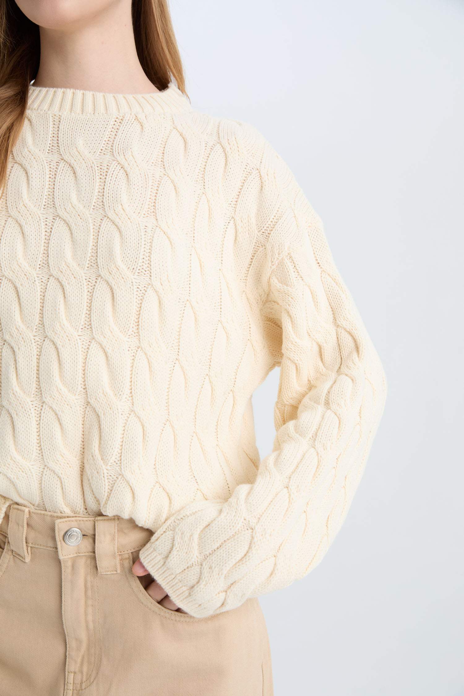 Coool Regular Fit Bisiklet Yaka Saç Örgülü Triko Kazak