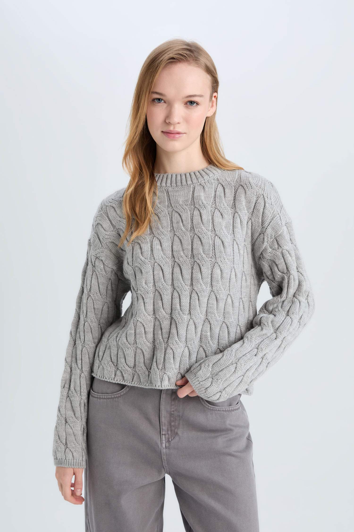 Regular Fit Bisiklet Yaka Saç Örgülü Triko Kazak