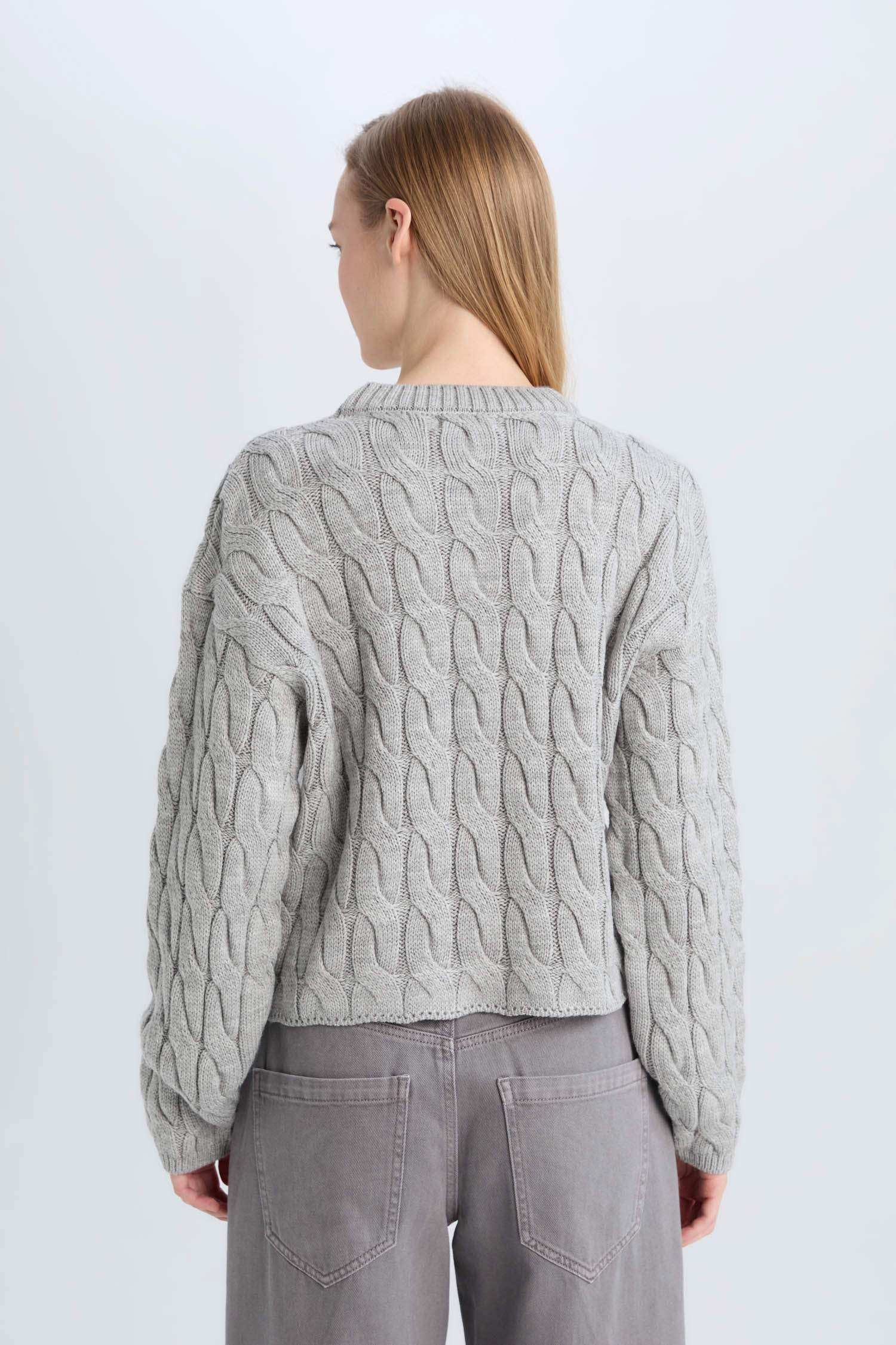 Regular Fit Bisiklet Yaka Saç Örgülü Triko Kazak