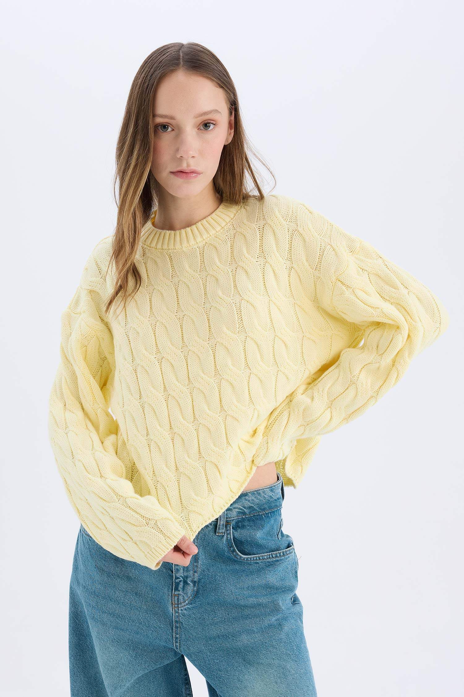 Coool Regular Fit Bisiklet Yaka Saç Örgülü Triko Kazak