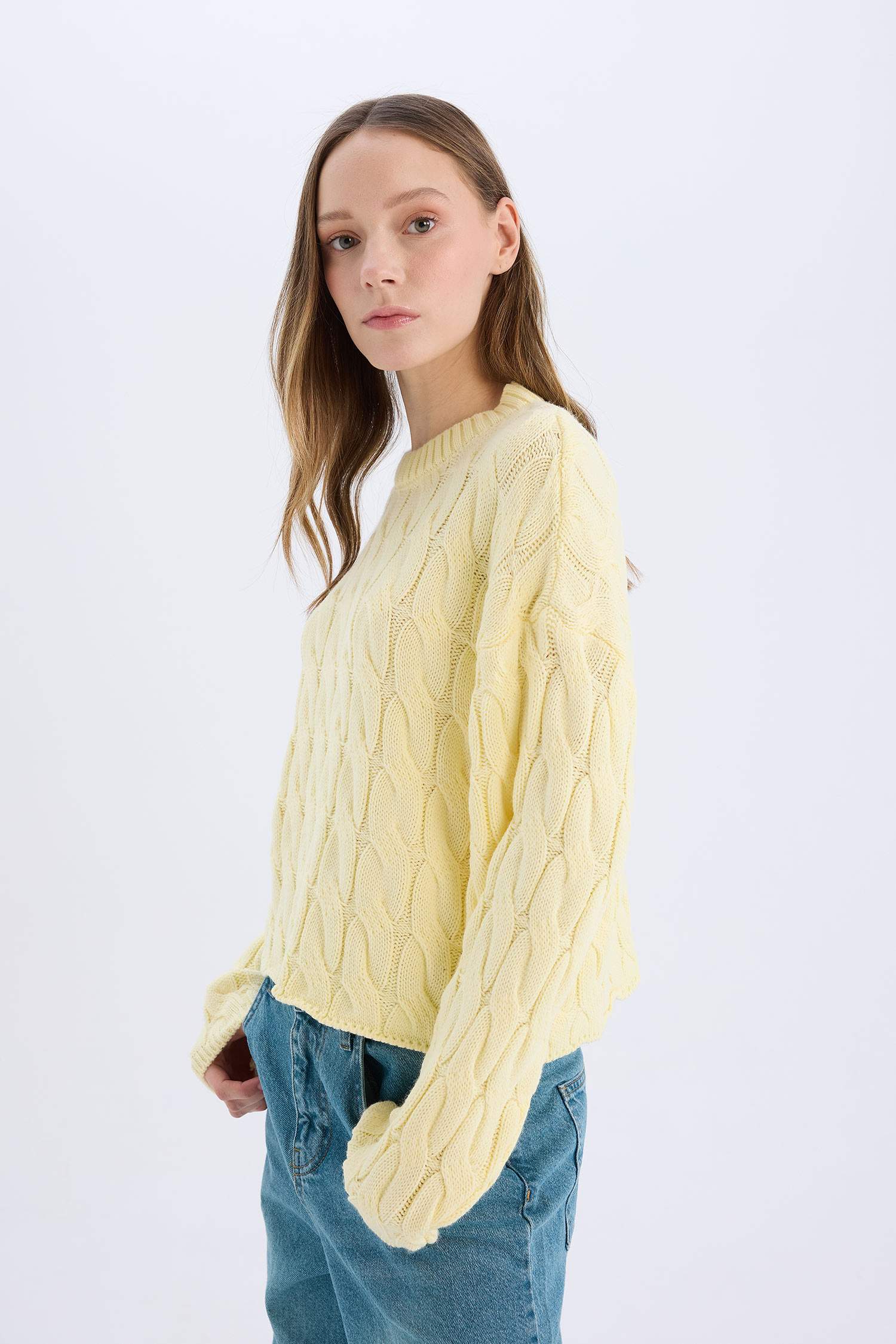 Coool Regular Fit Bisiklet Yaka Saç Örgülü Triko Kazak