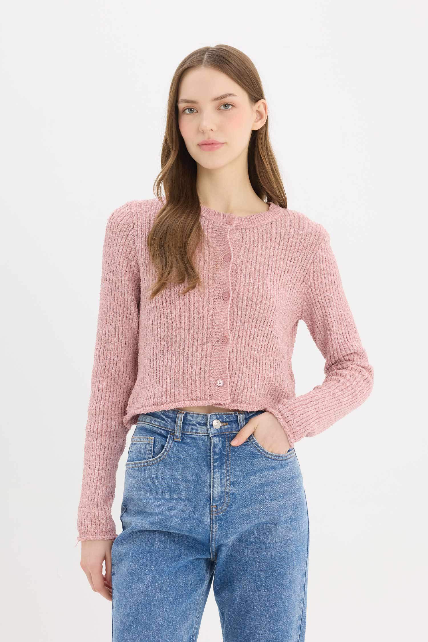 Slim Fit Dar Kesim Bisiklet Yaka Düğmeli Triko Hırka