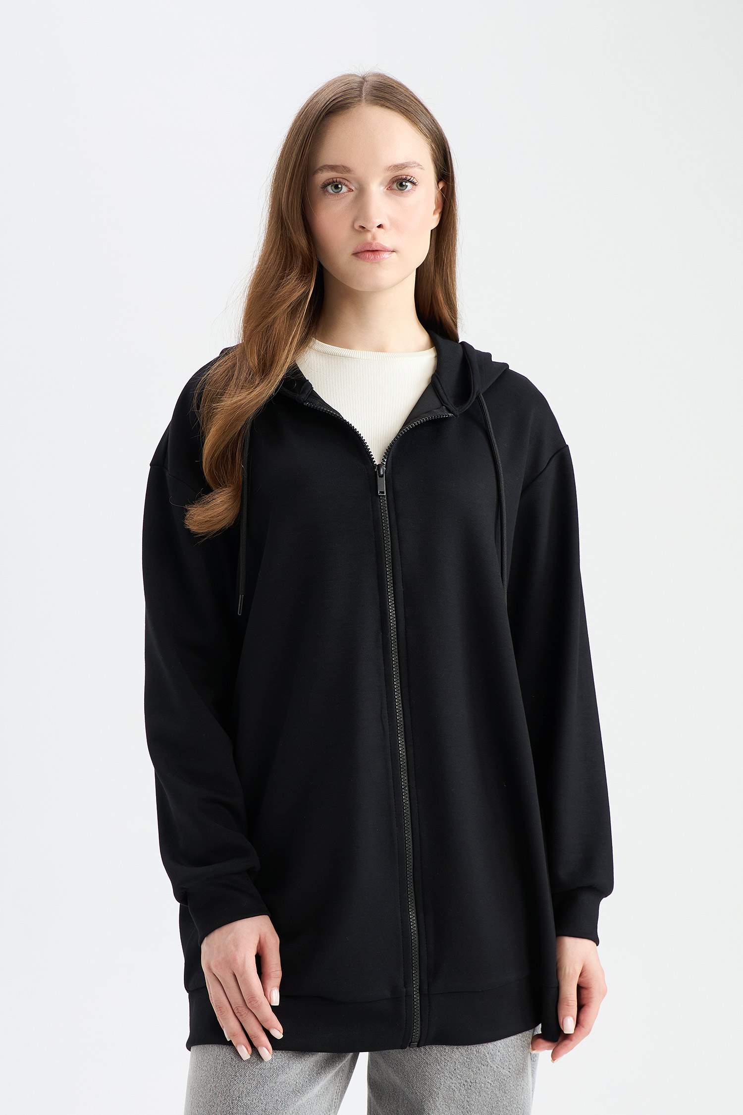 Relax Fit Kapüşonlu Basic Düz Fermuarlı Tunik Sweatshirt