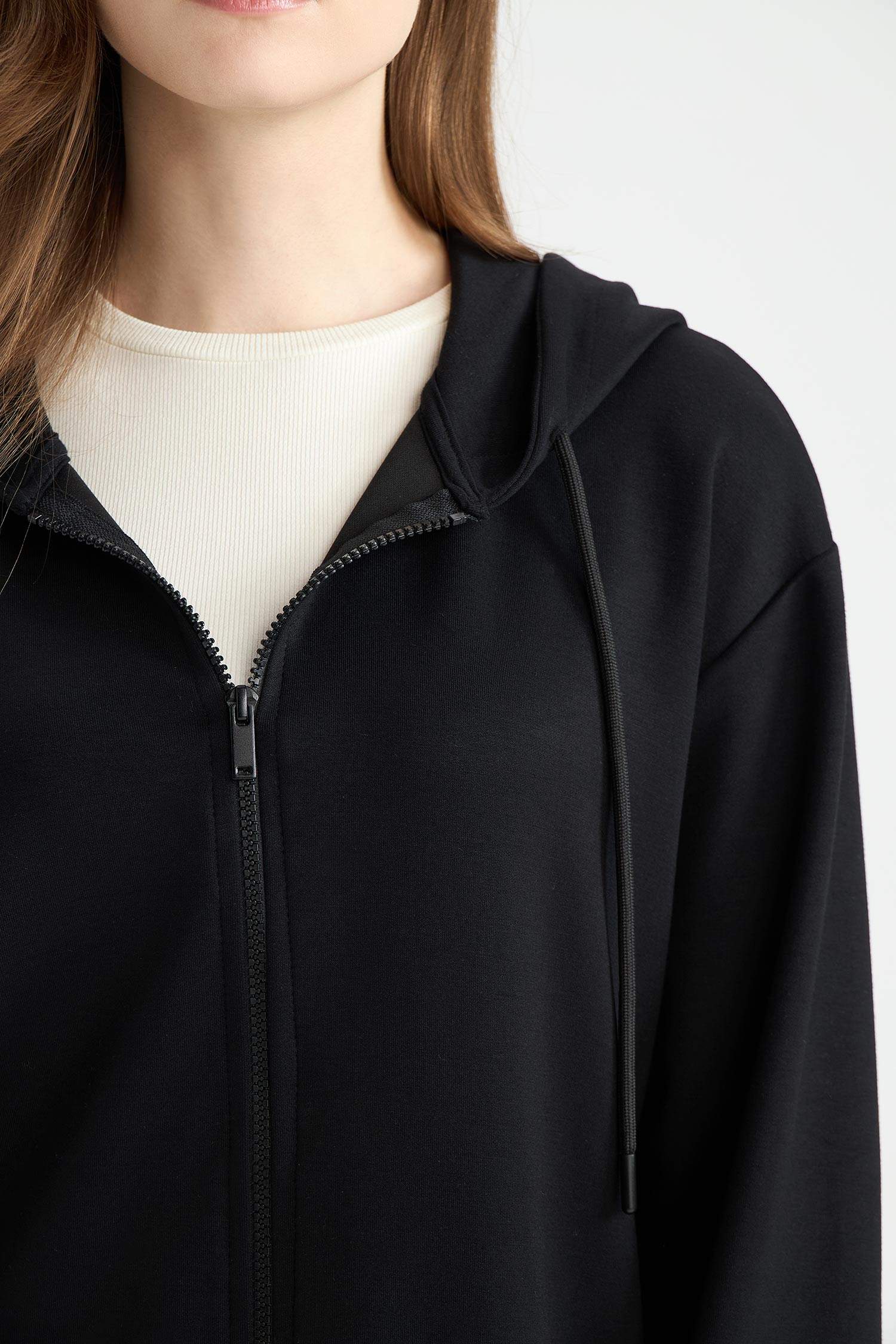 Relax Fit Kapüşonlu Basic Düz Fermuarlı Tunik Sweatshirt