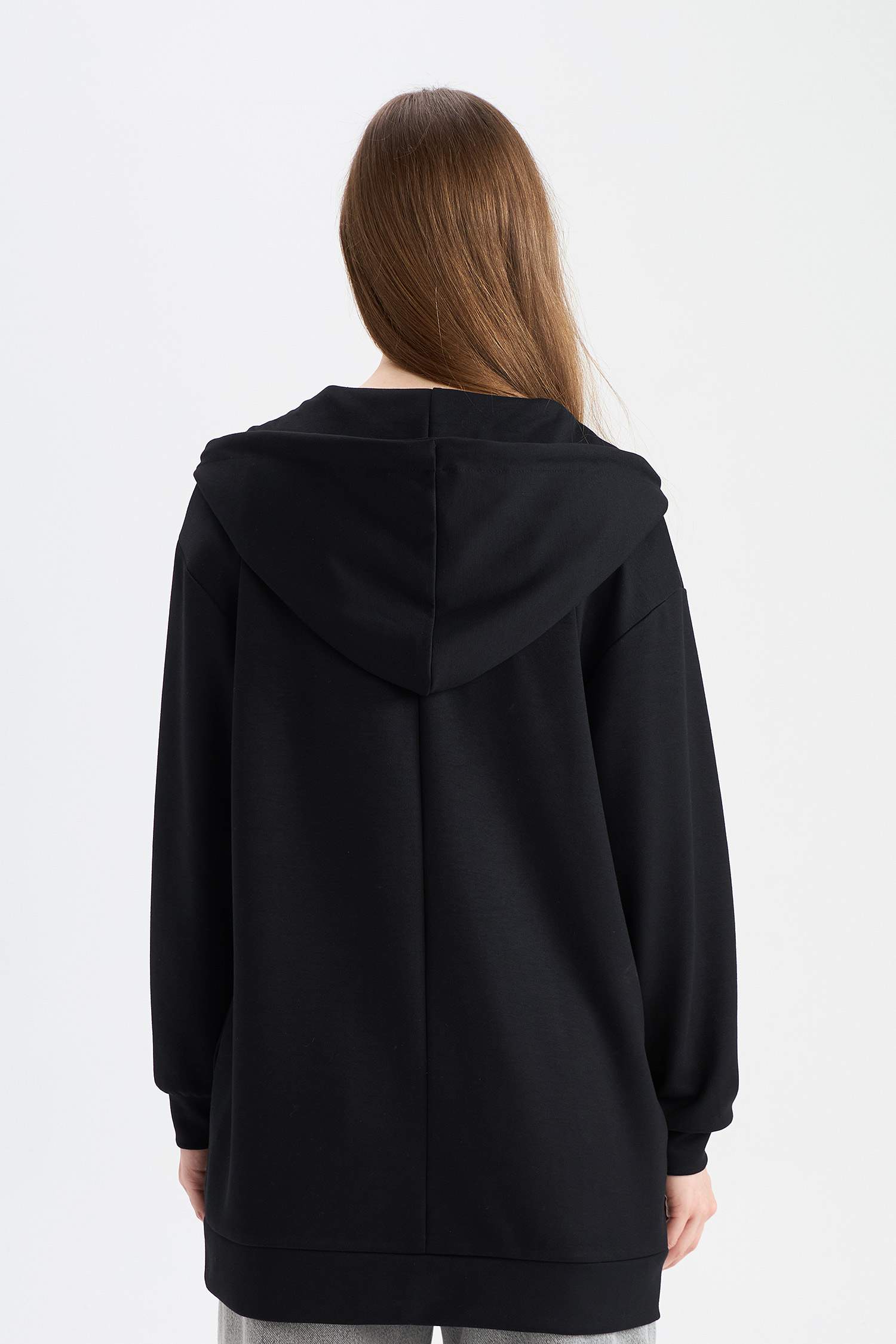 Relax Fit Kapüşonlu Basic Düz Fermuarlı Tunik Sweatshirt