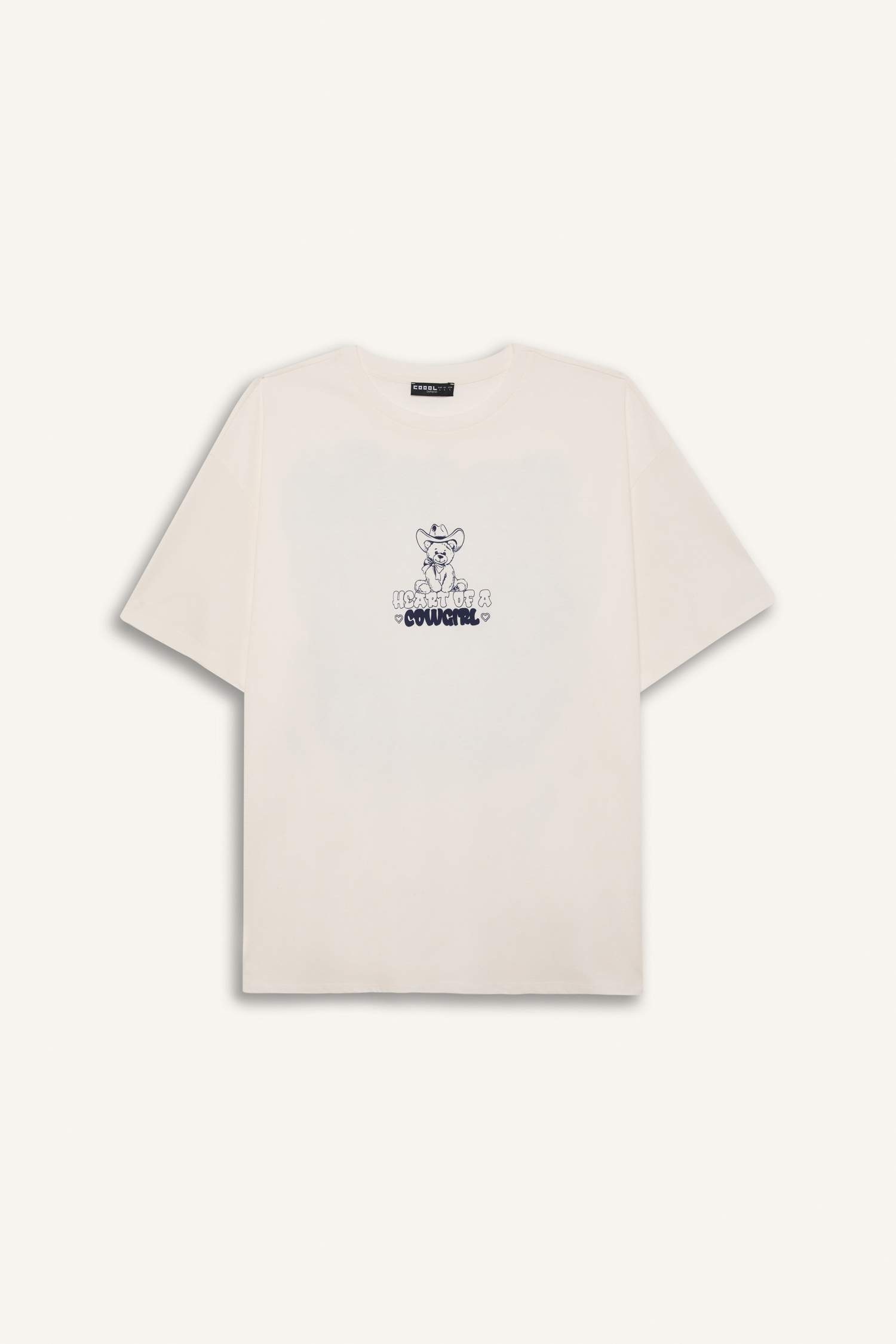 Coool Oversize Geniş Kalıp Bisiklet Yaka Baskılı Kısa Kollu Beyaz Tişört