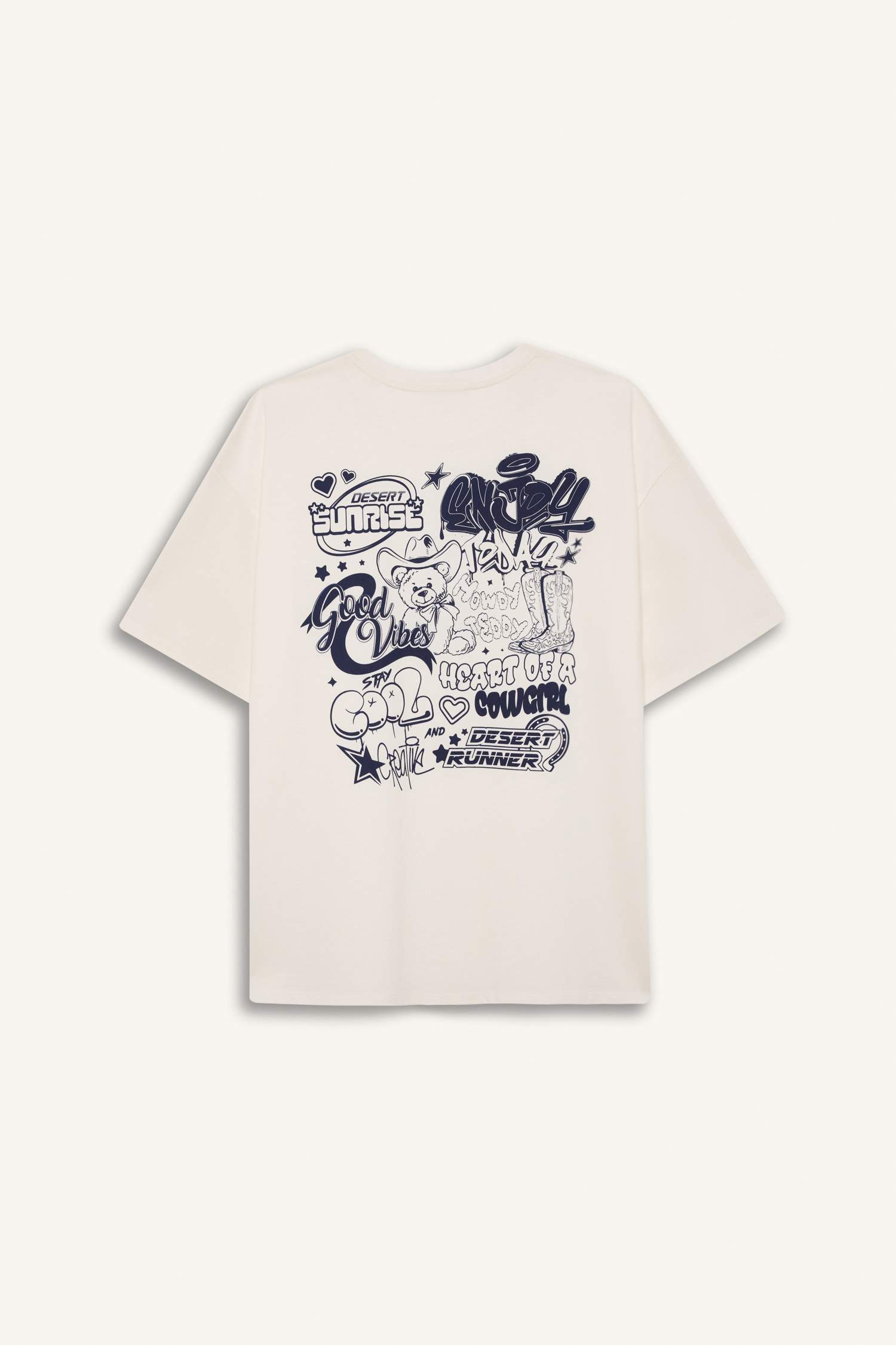 Coool Oversize Geniş Kalıp Bisiklet Yaka Baskılı Kısa Kollu Beyaz Tişört