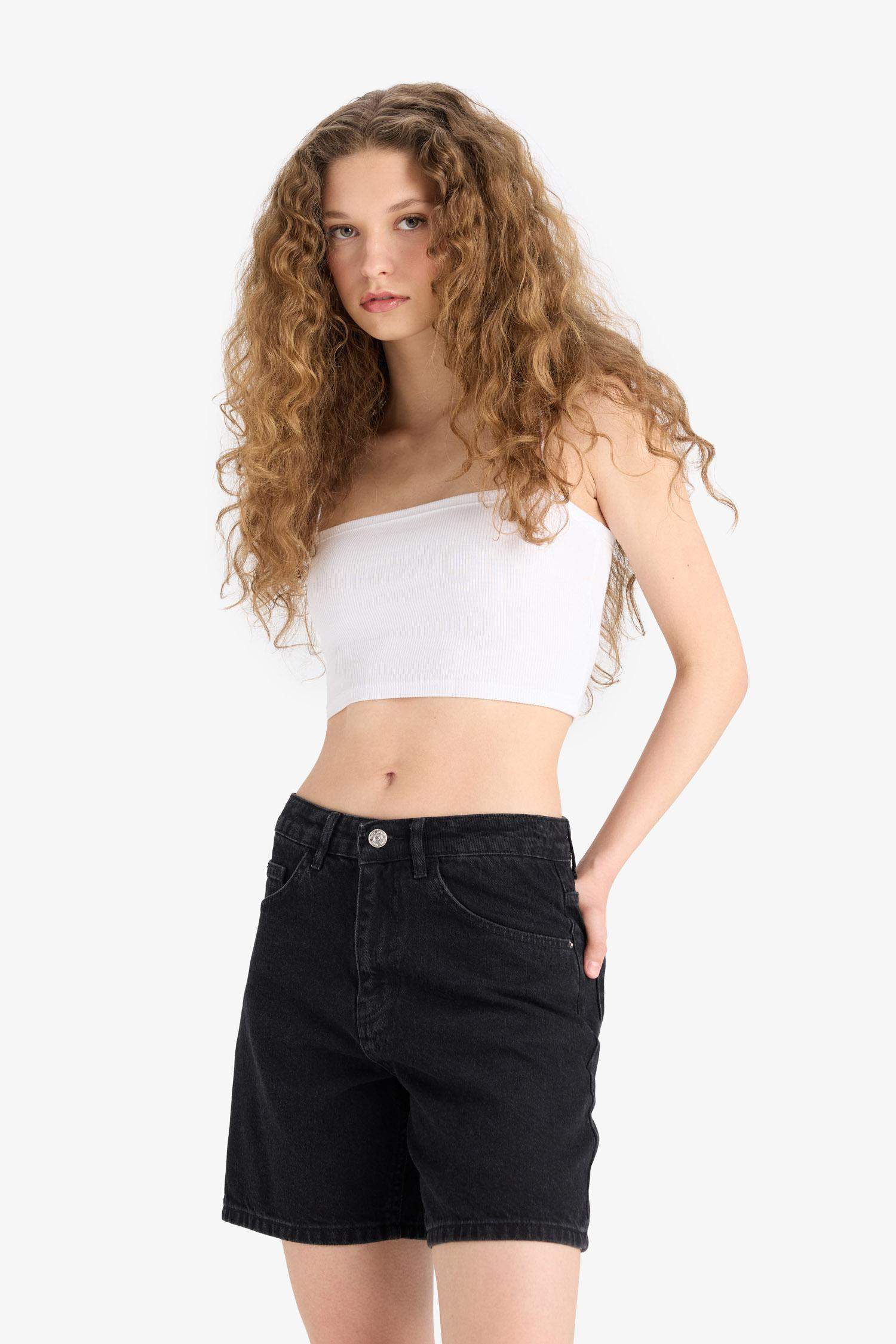 High Waist Denim Bermuda Shorts