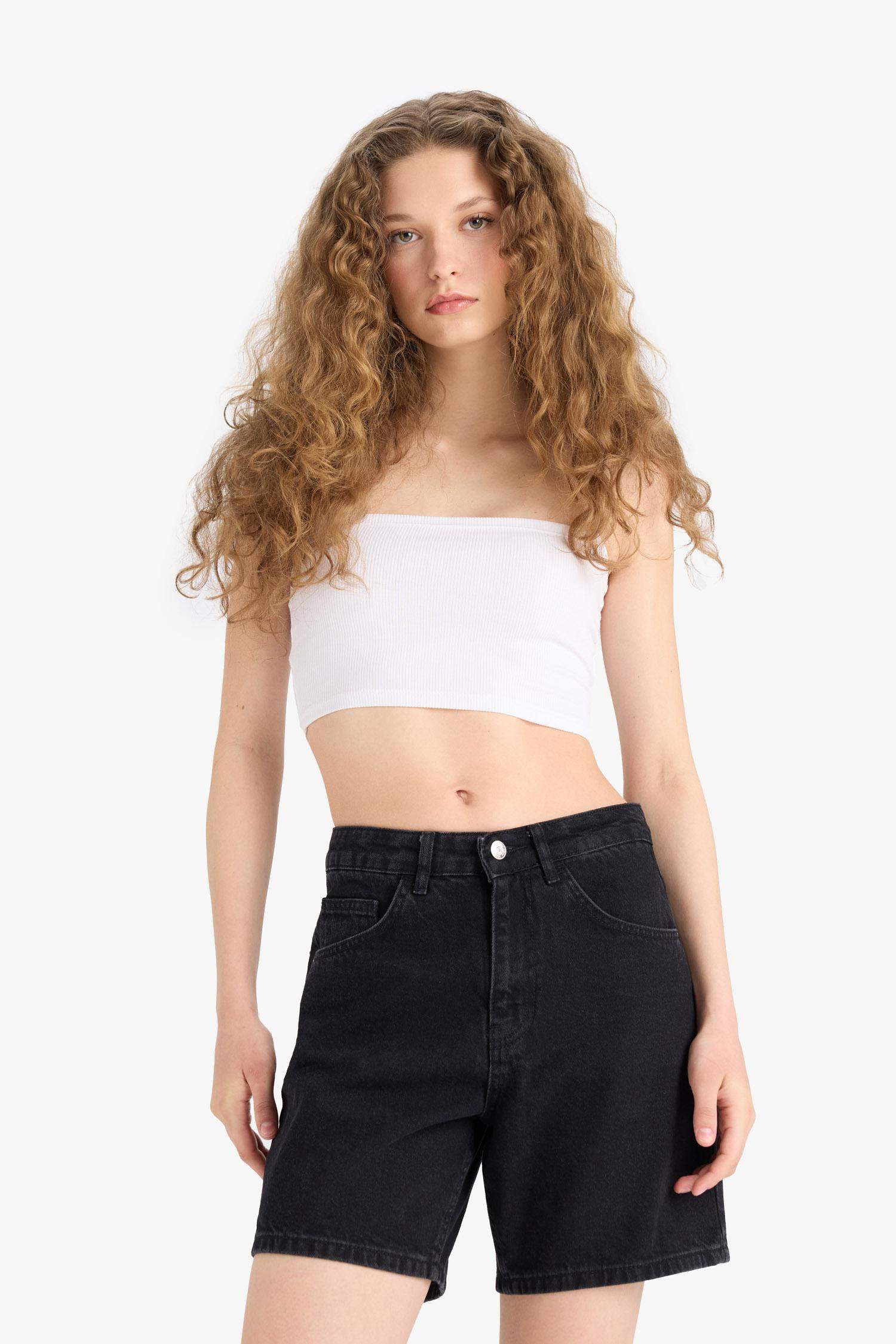 High Waist Denim Bermuda Shorts
