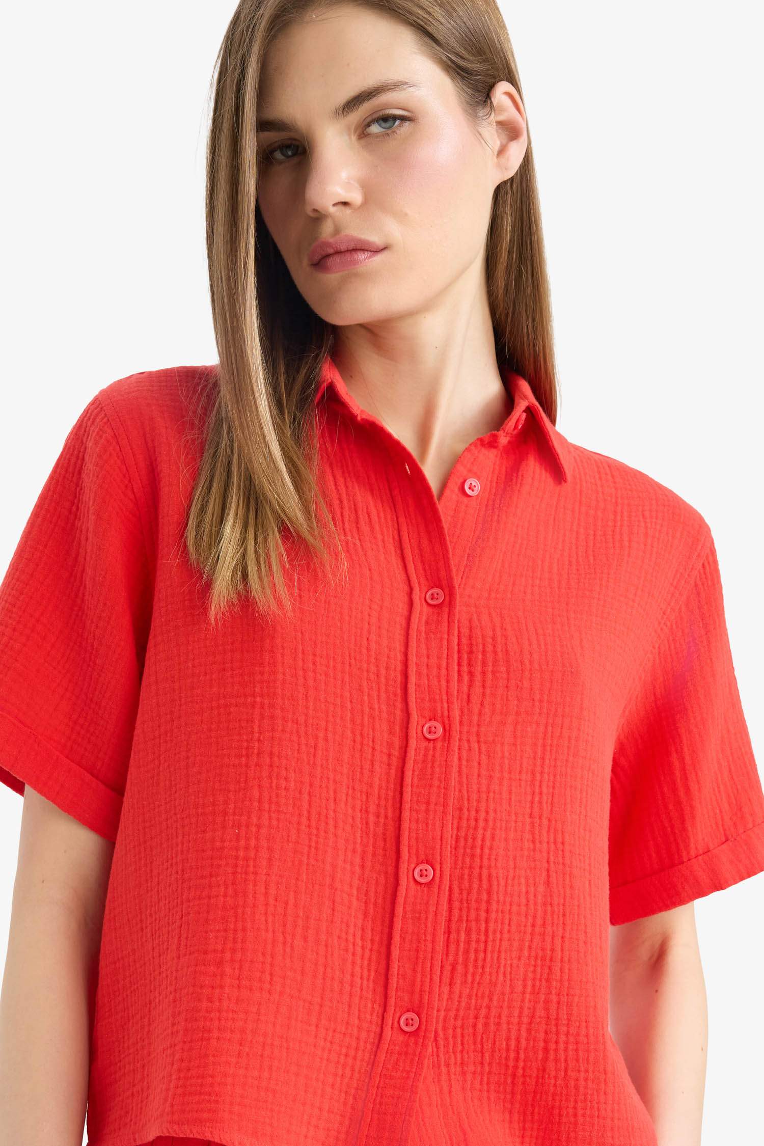 Regular Fit Shirt Collar Muslin Short Sleeve Shirt