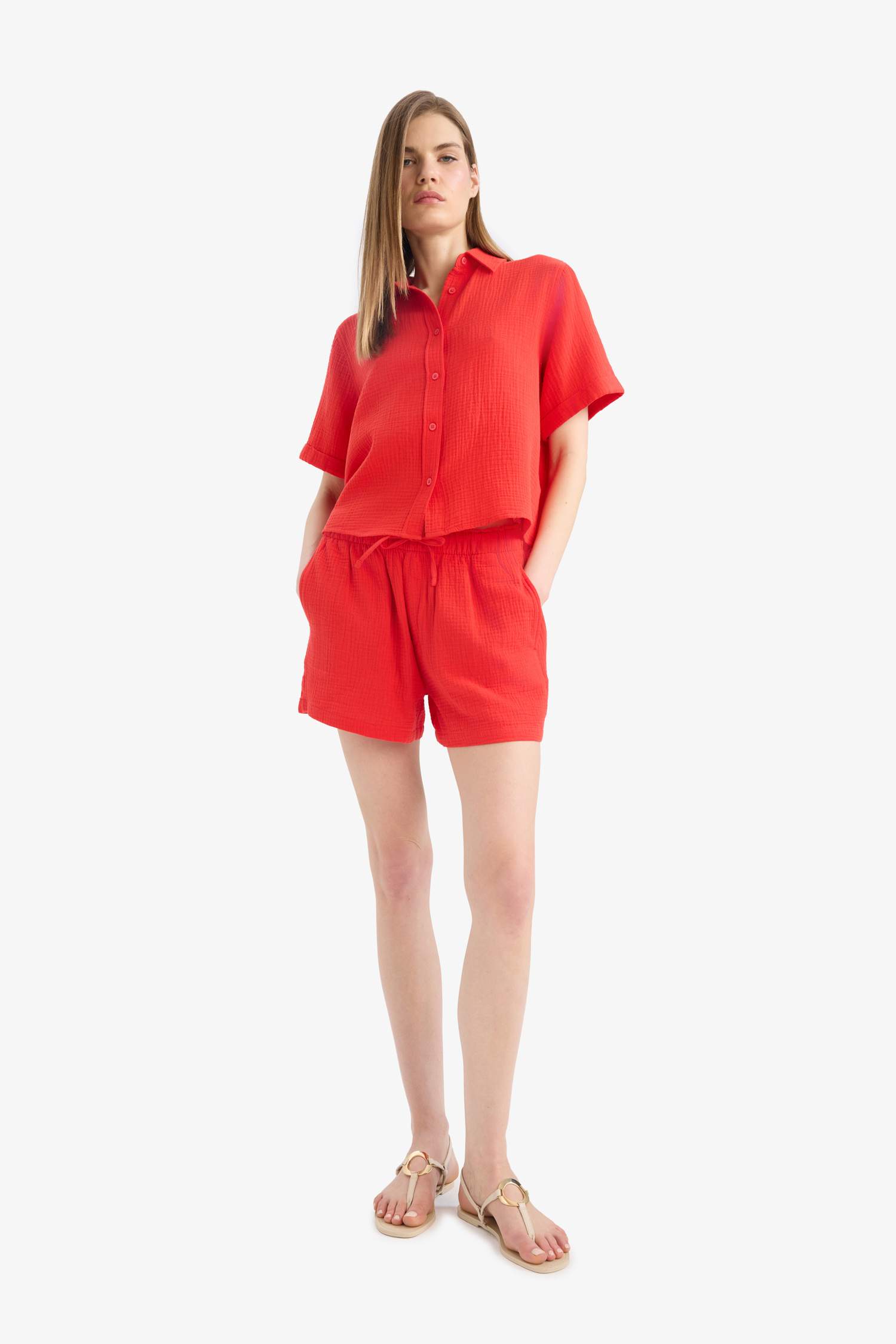 Regular Fit Shirt Collar Muslin Short Sleeve Shirt