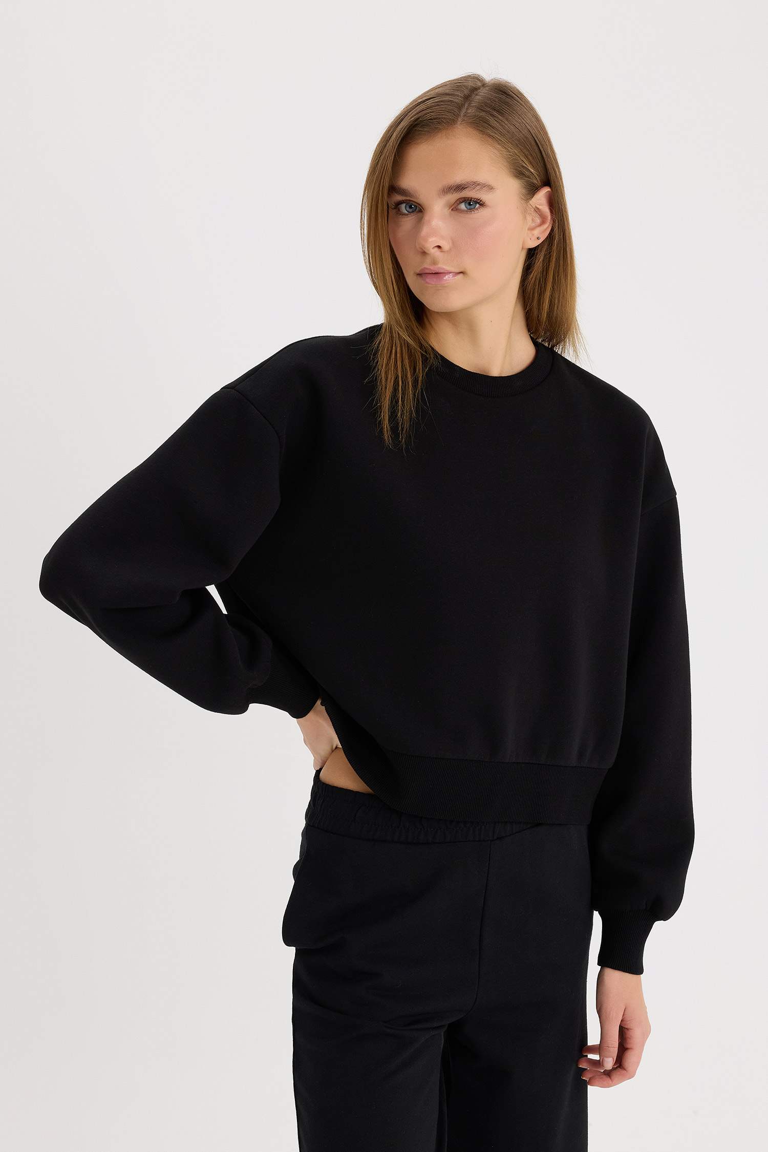 Boxy Fit Crew Neck Basic Thick Sweatshirt